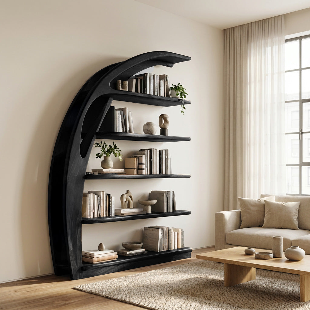 Minimal Curved Wooden Bookshelf For Living Room Display RTTHHNBS178