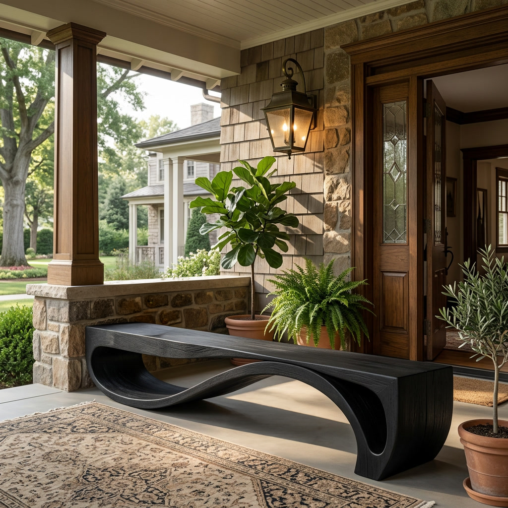 Sculptural Bench With Wave Design For Entryway SITHTTCHR048