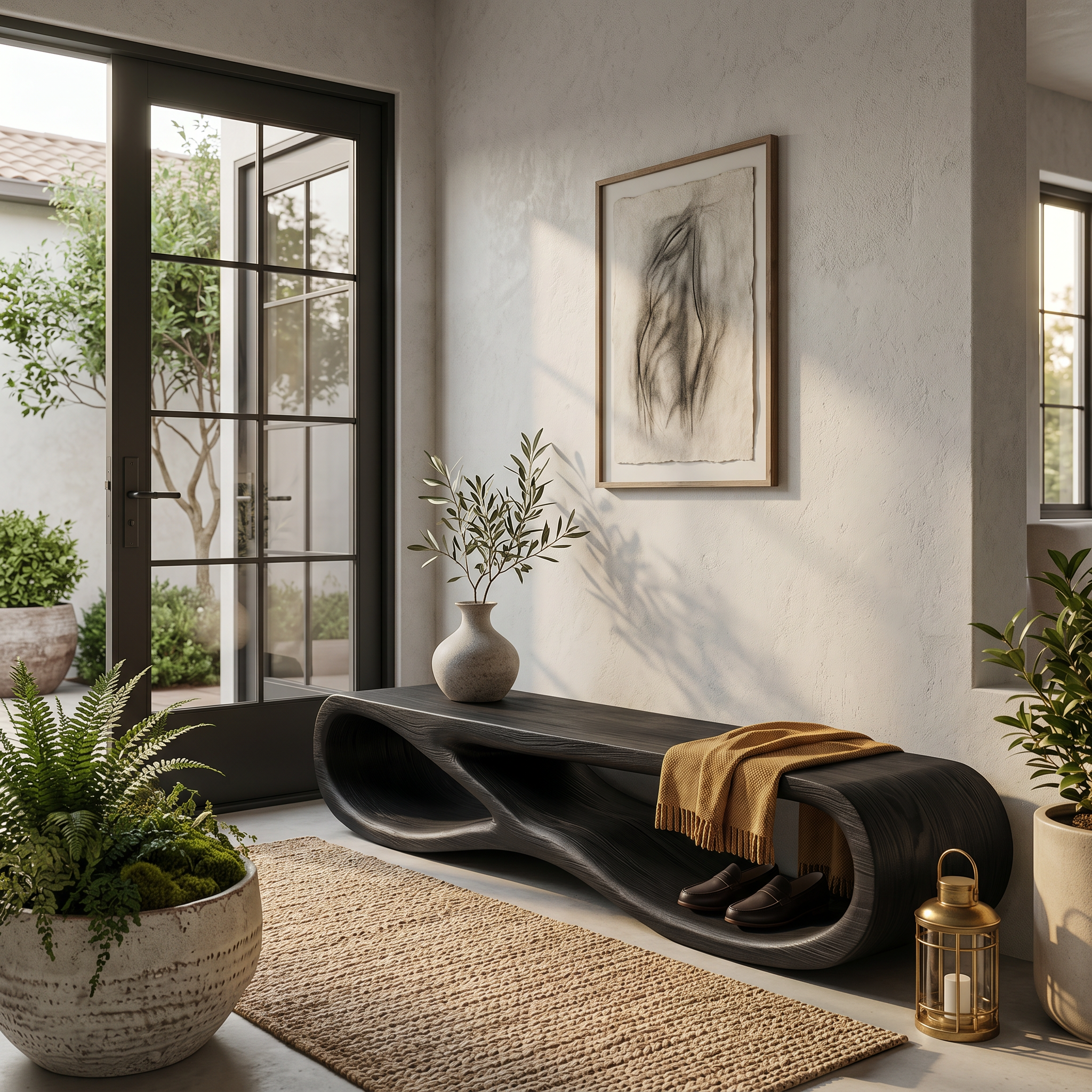 Organic Wooden Bench With Curved Base Form For Entryway Space RTTHTTCHR096