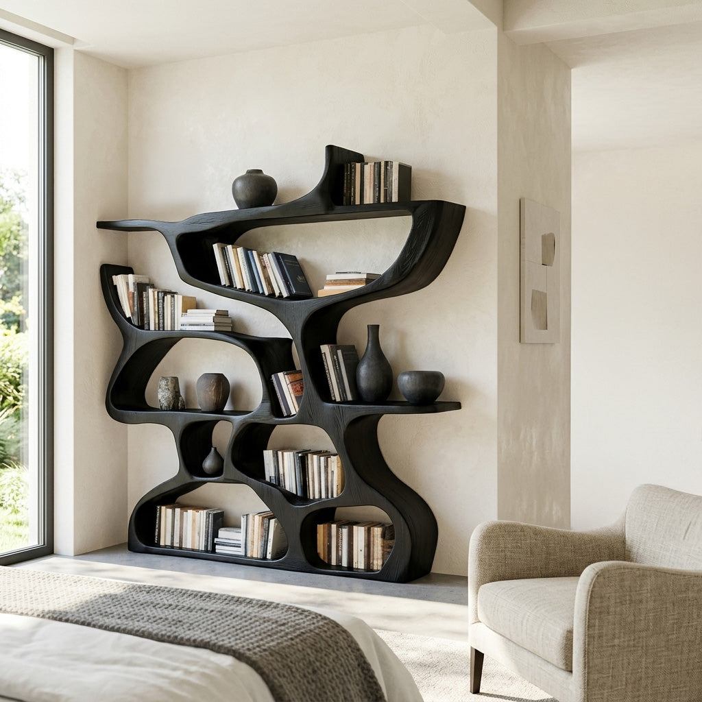 Modern Bookshelf With Organic Carved Design For Living Room Or Office SITHHNBS036