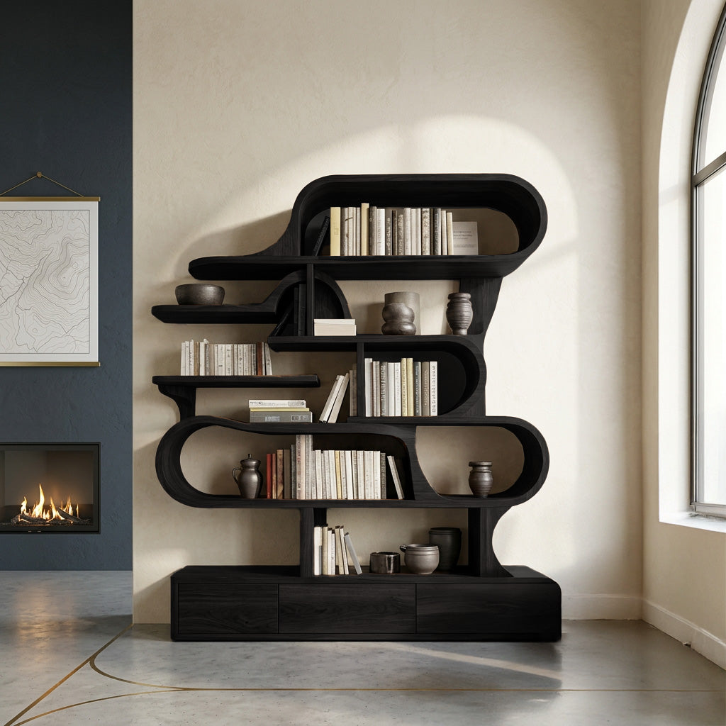 Modern Sculptural Bookshelf With Curved Design For Living Room Or Office SITHHNBS035