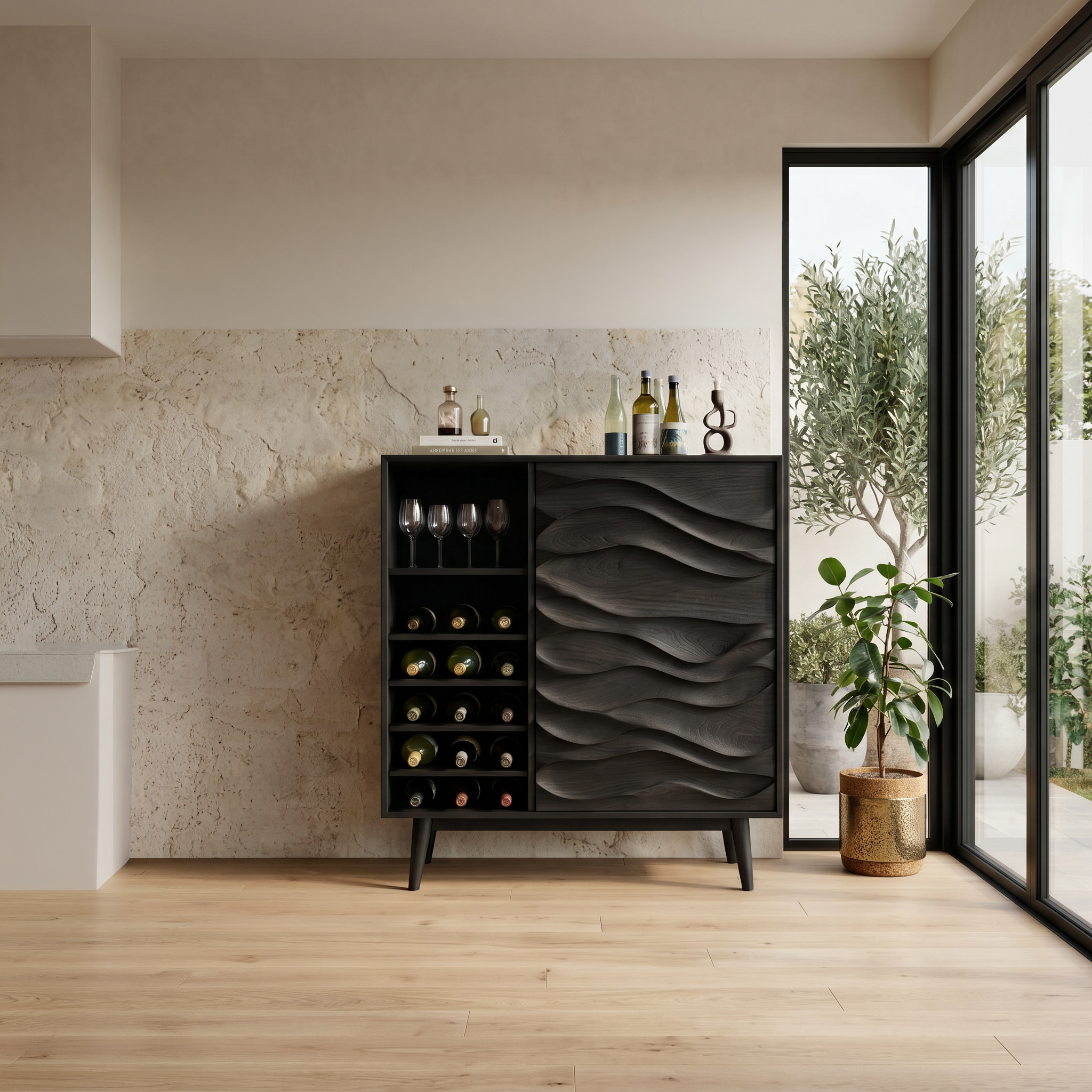 Sculptural Wine Cabinet With Wave Carved Doors For Kitchen SITHTTBCA013