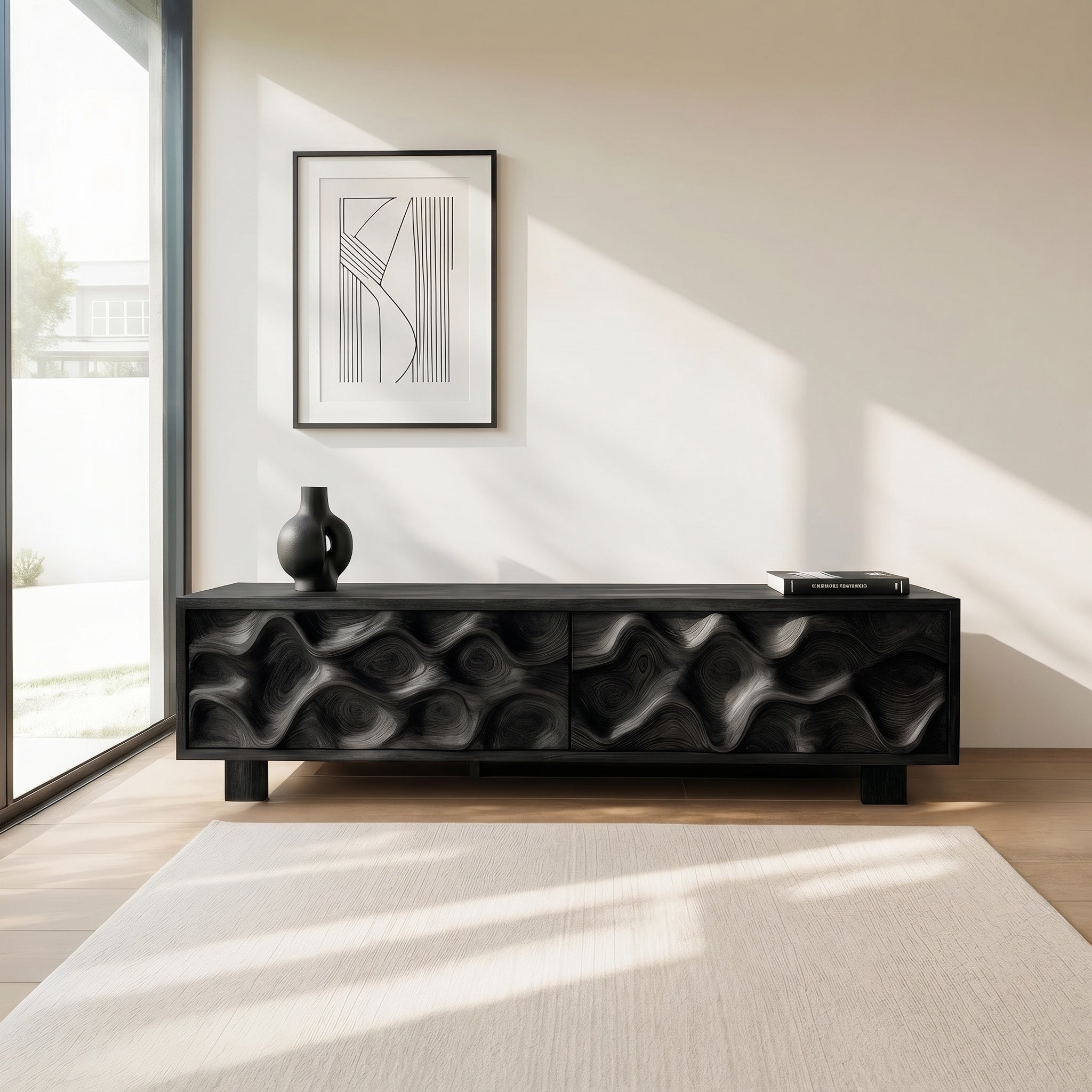 Hand Carved TV Stand With Wave Design For Living Room SITHHNTVC005