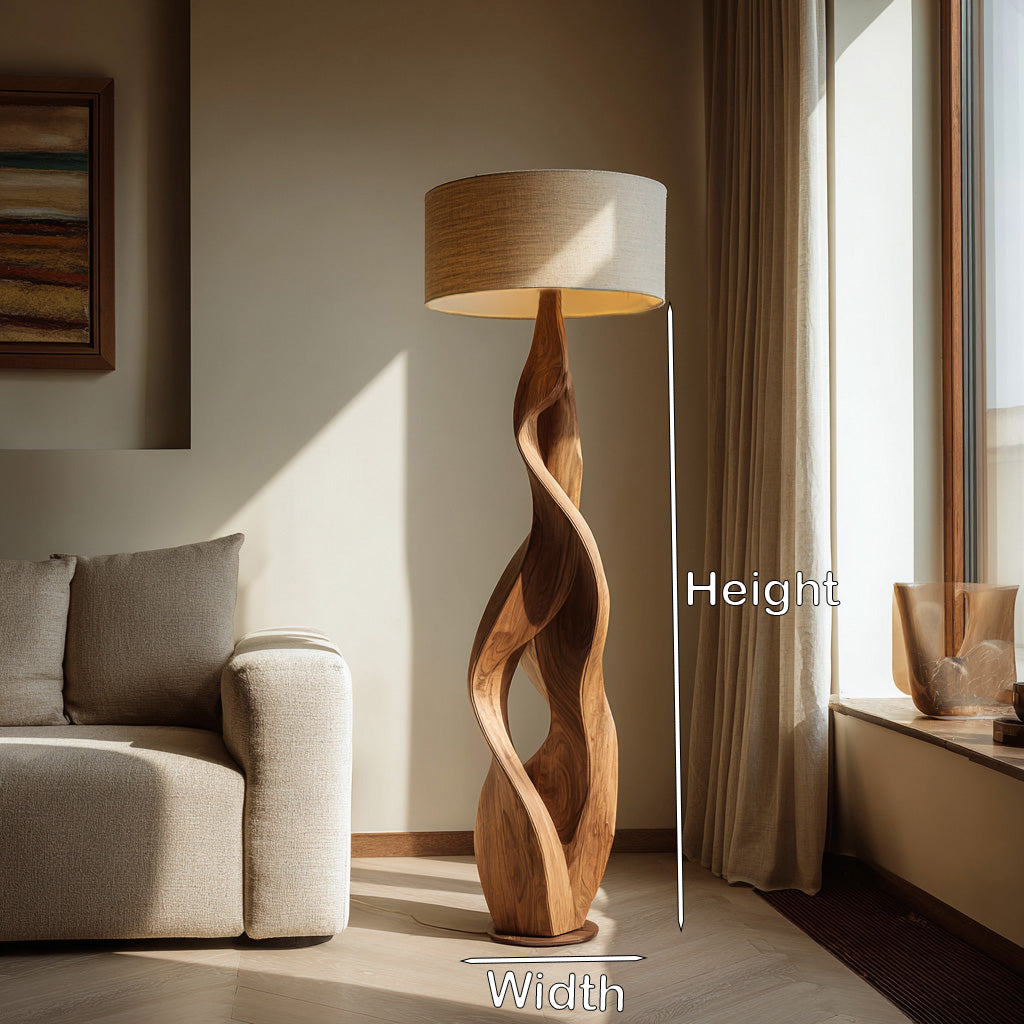 Sculptural Wooden Floor Lamp With Fabric Shade For Bedroom RTTHHNLAM064