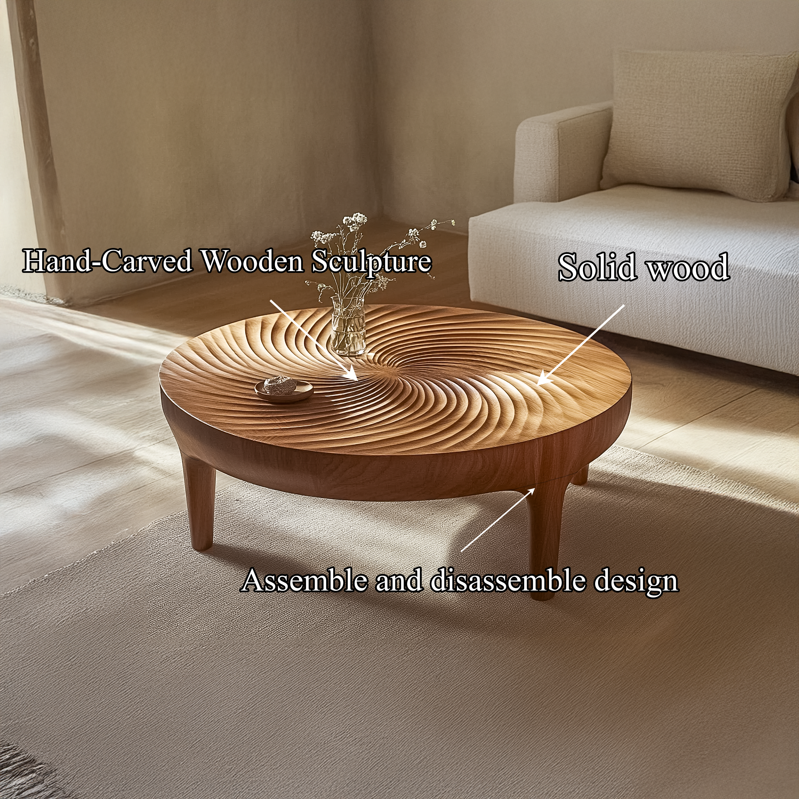 Ripple Carved Wood Coffee Table Living Room SINLSACF278