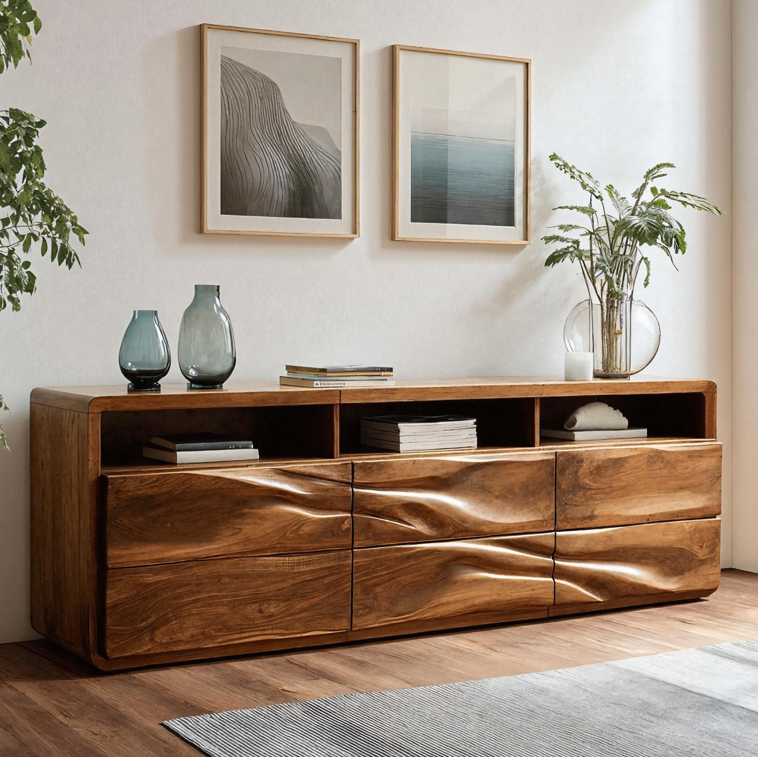 Organic Wave Carved Wood Sideboard For Living Room RTTHHNSD029