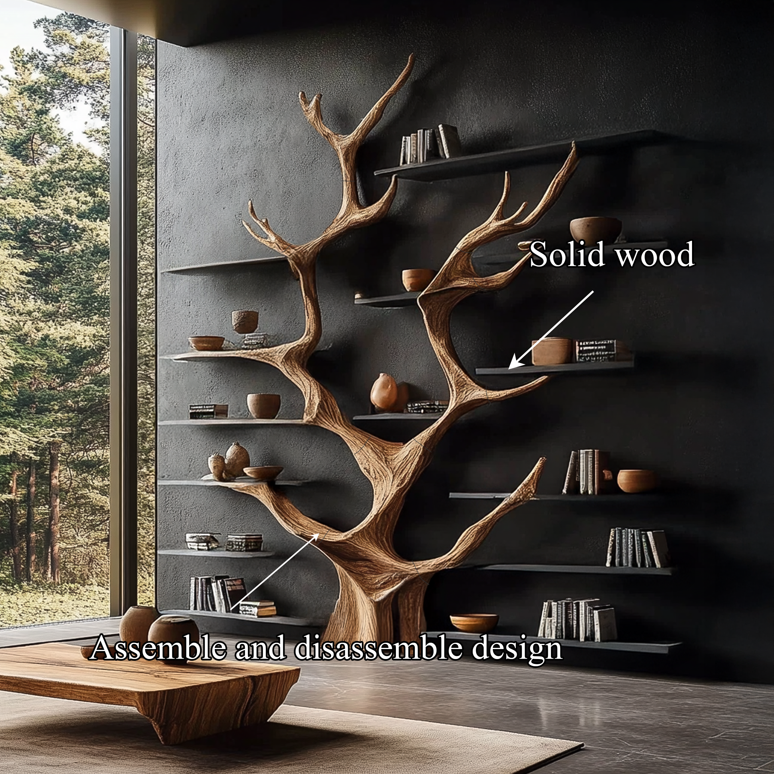 Sculptural Tree Bookcase - Artisan Tree-Inspired Wall Unit SINLSATB179