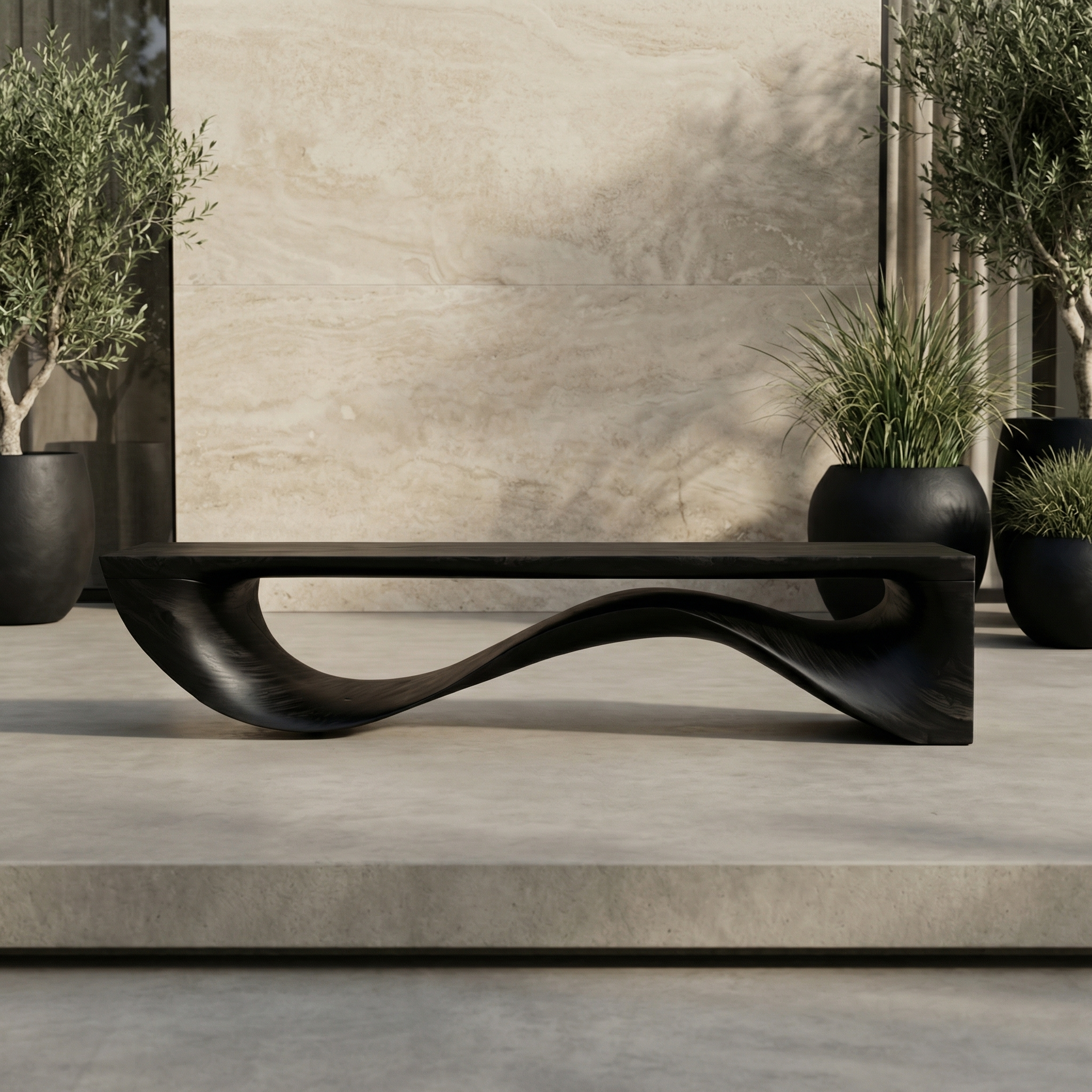 Sculptural Wave Bench Solid Wood Extended Curved Form Entryway SINLHARS095