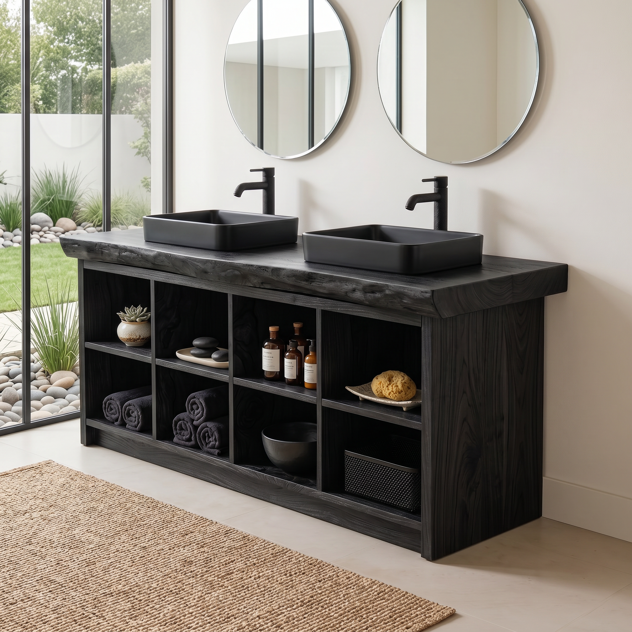Double Sink Wood Bathroom Vanity With Open Shelves Spa SILDTTRBRV146