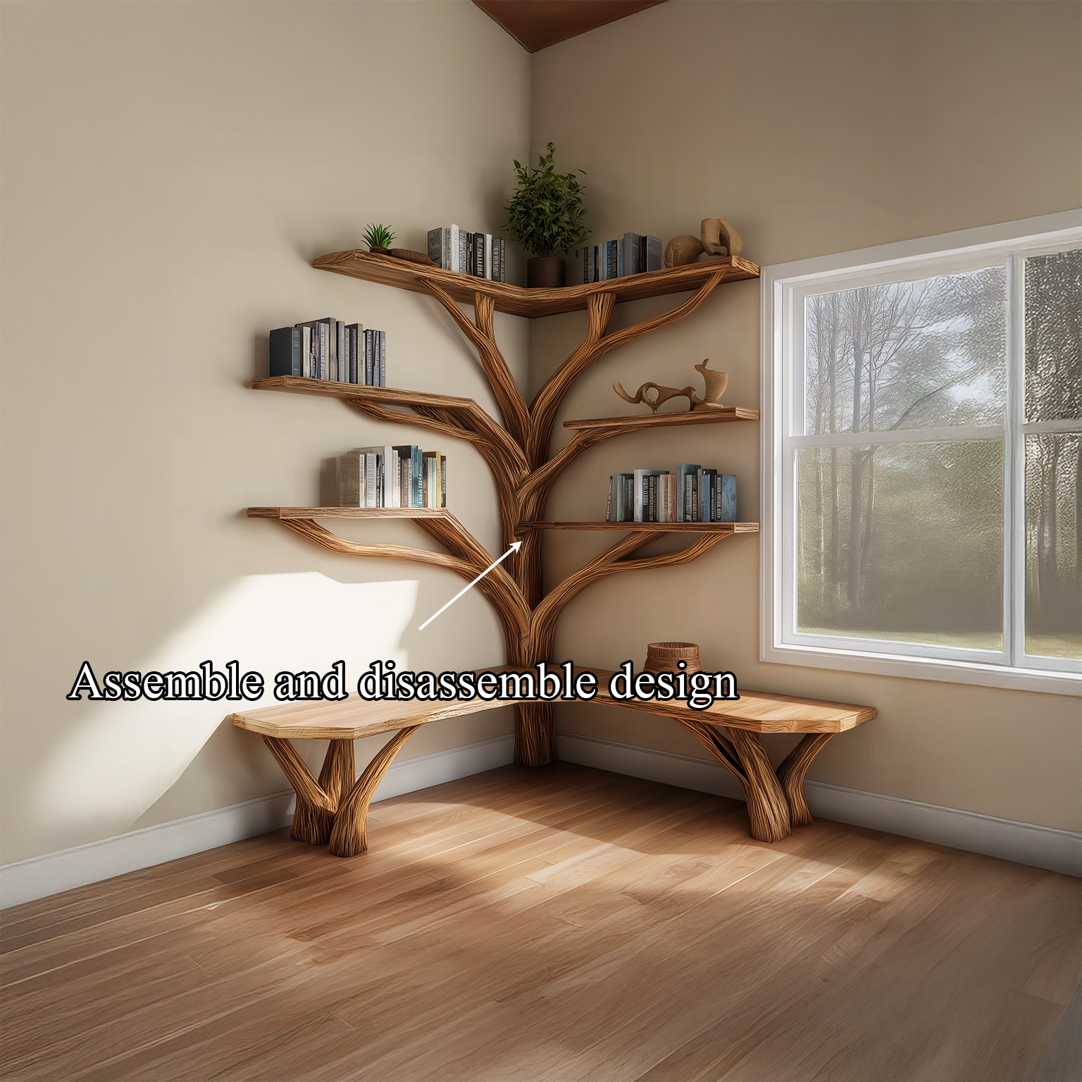 Rustic Corner Tree Shelf Reading Nook SINLSATB228