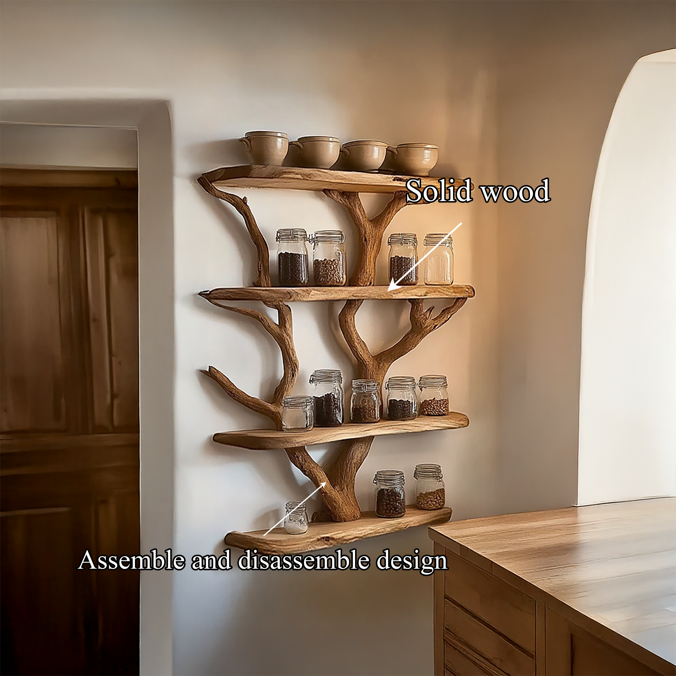 Rustic Organic Tree Kitchen Wall Shelf Kitchen Interior Pantry Display SINLSATBS118