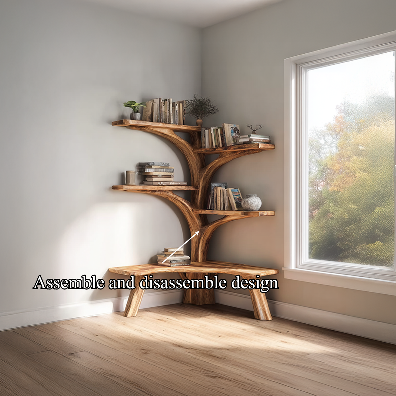 Rustic Tree Corner Bookshelf Bench Living Room SINLSATB229