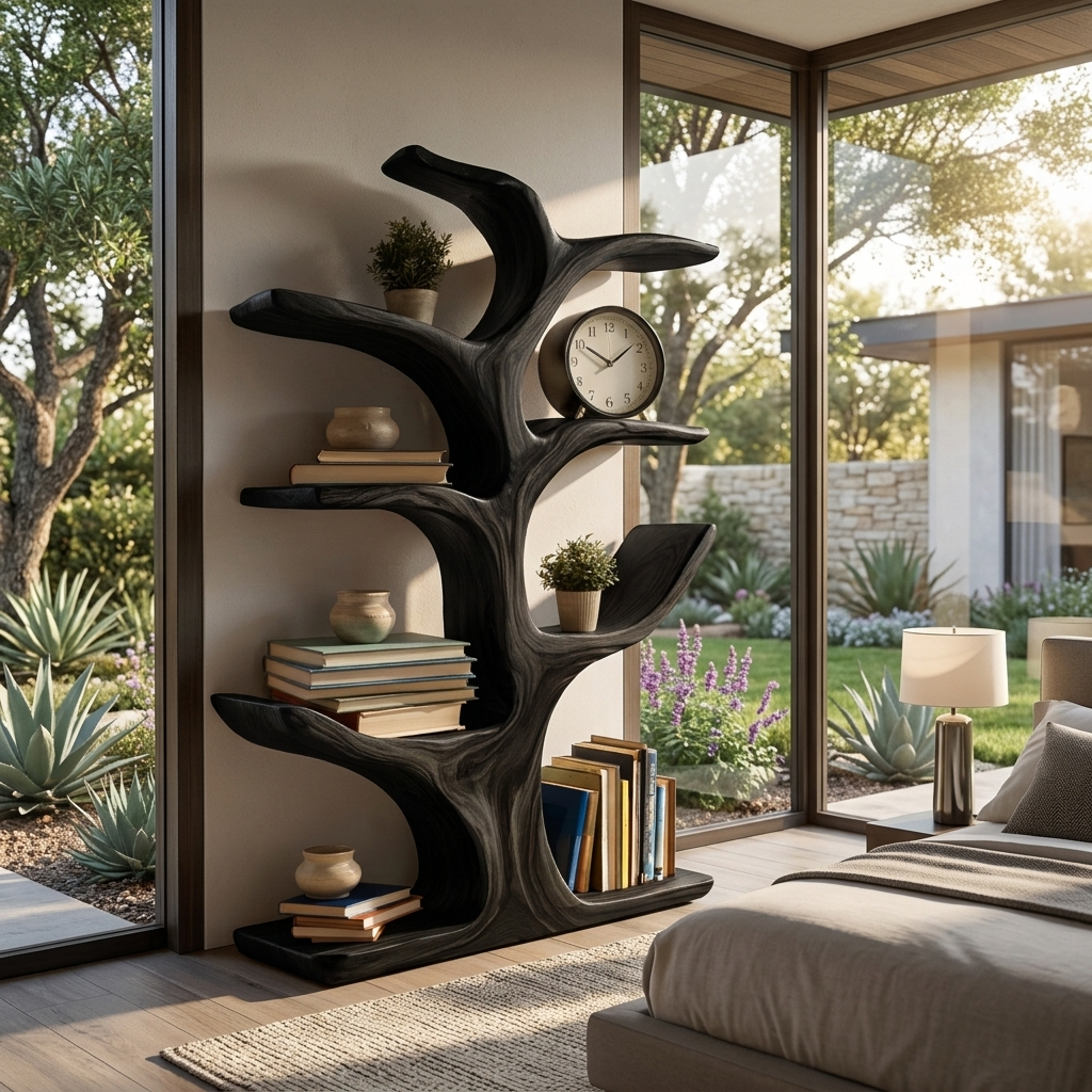Handmade Wood Bookshelf Sculptural Curved Design For Living Room RTTHTTBS110