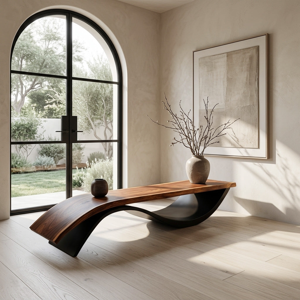 Handcrafted Wooden Bench With Unique Undulating Form For Living Room RTTHHNCHR160
