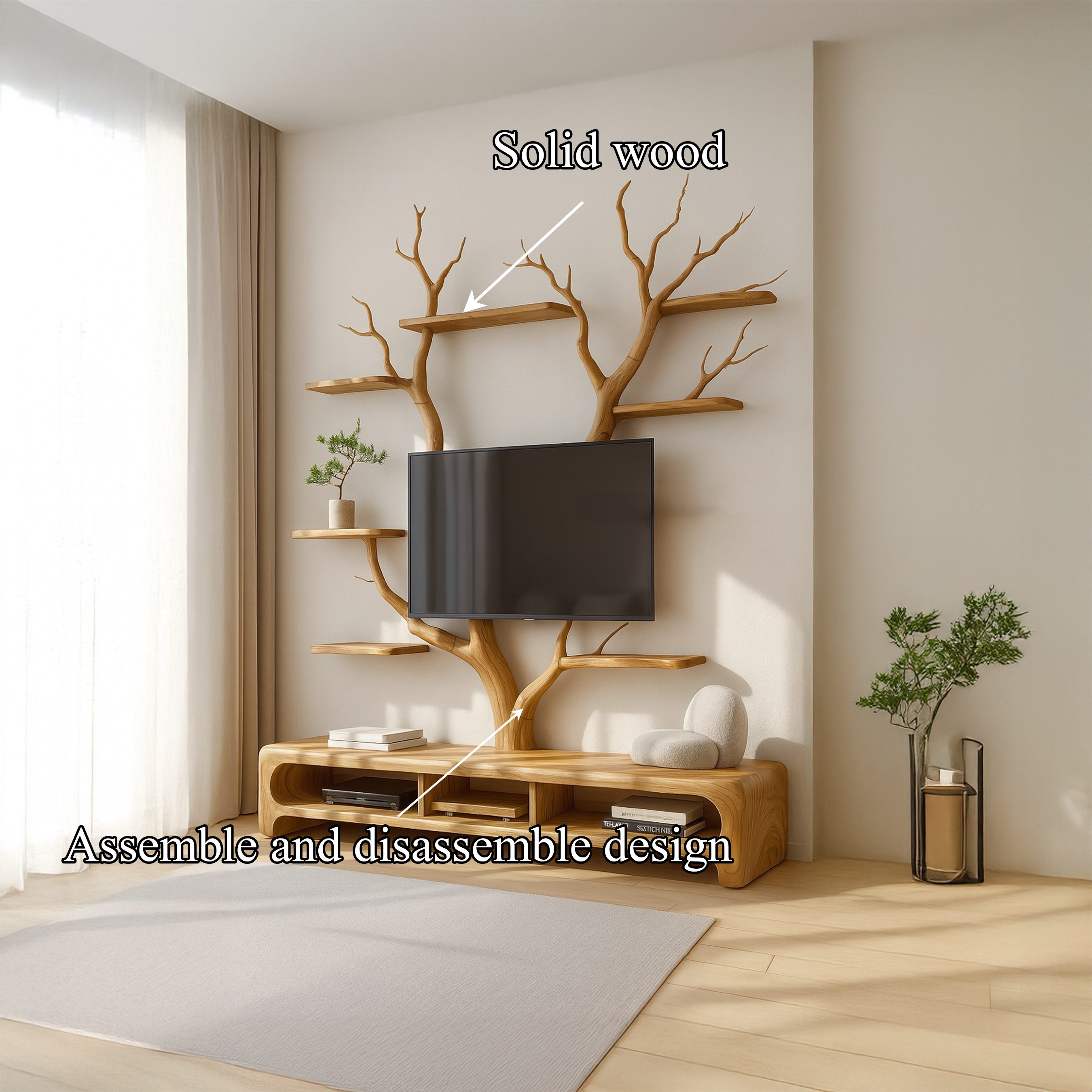 Rustic TV Stand Tree Shelf Living SINLSATB216