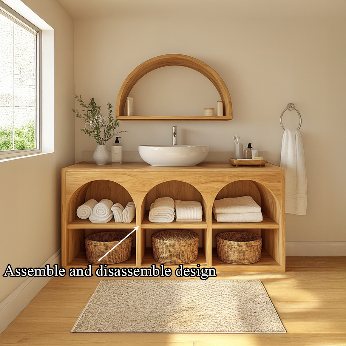 Scandinavian Bathroom Storage Cabinet With Arched Open Shelves And Natural Wood Design For Bathroom SINLSABRV208