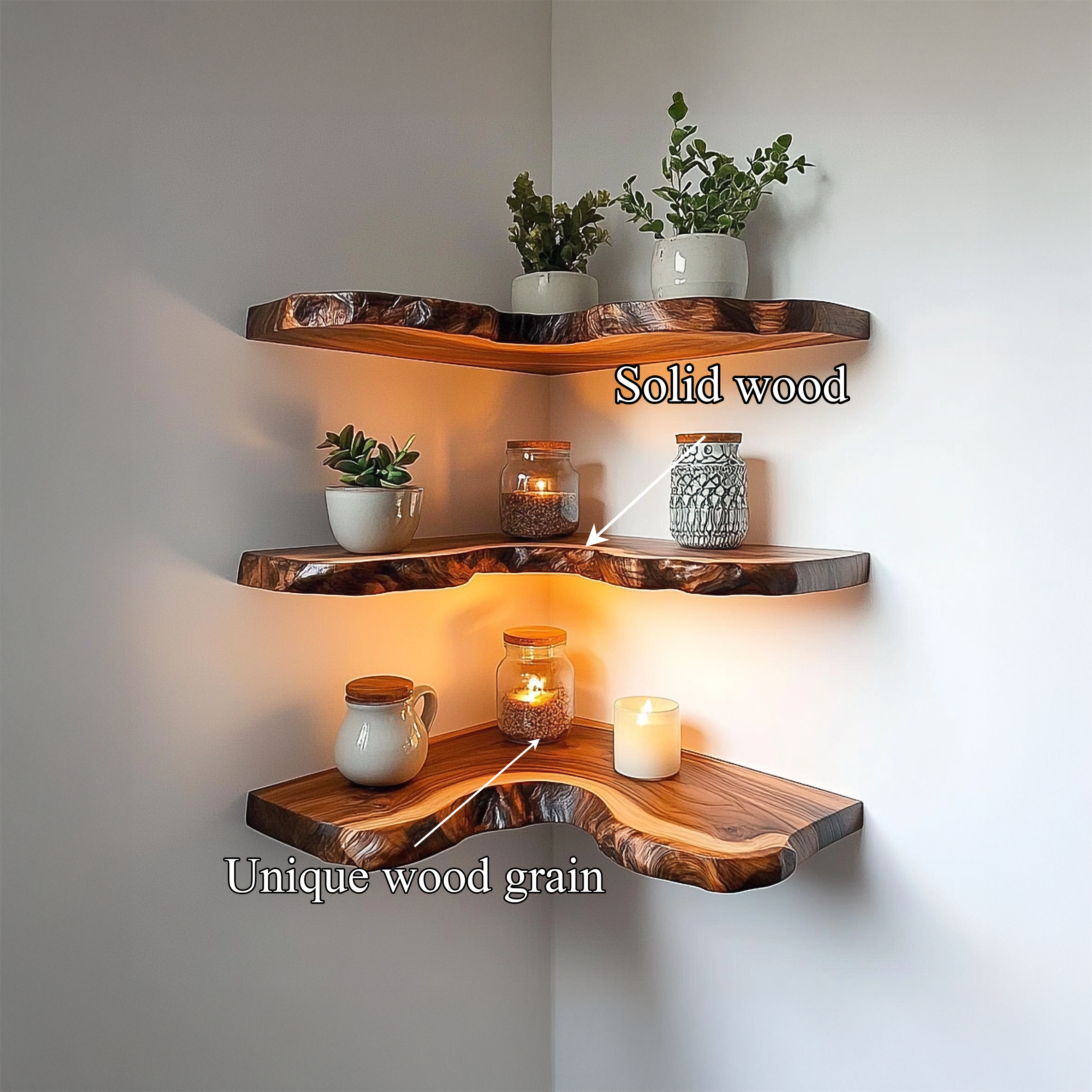 Rustic Live Edge Corner Shelves Solid Wood Living Room Interior Decorative Display SINLSAFL349