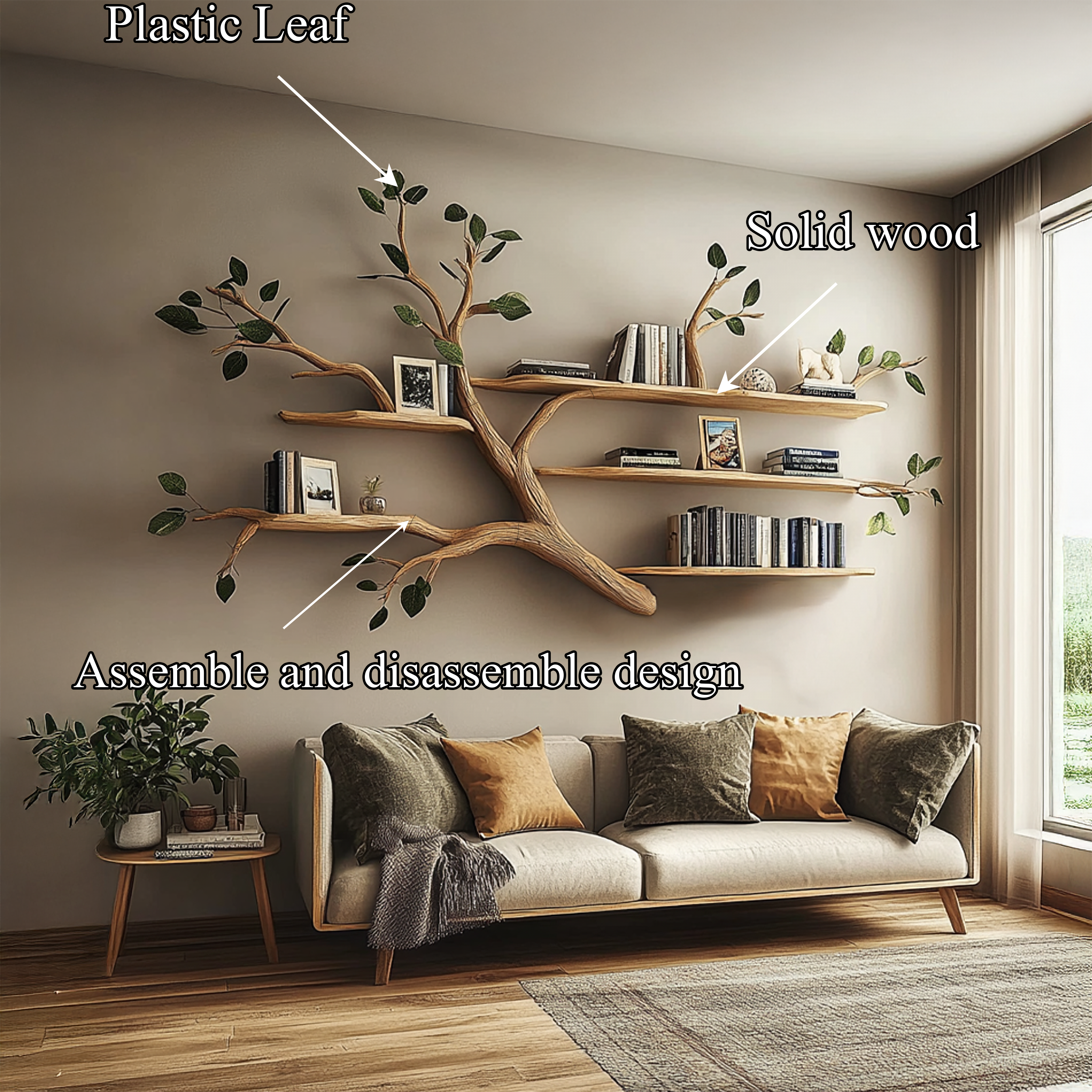Rustic Solid Wood Tree Branch Floating Bookshelf Living Room SINLSATBS037