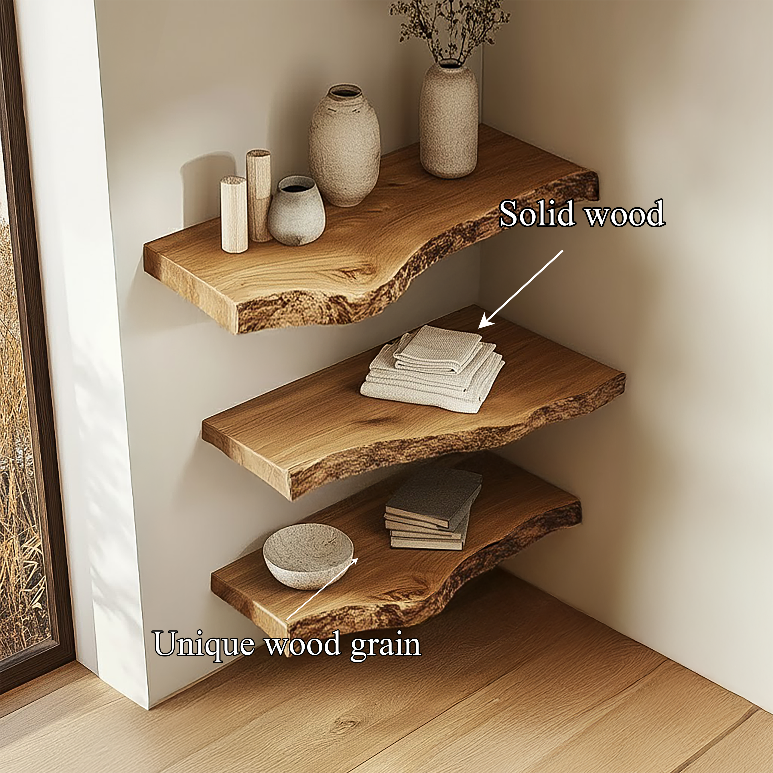 Rustic Sculptural Corner Floating Shelves Solid Wood Living Room Interior Statement Design SINLSAFL418