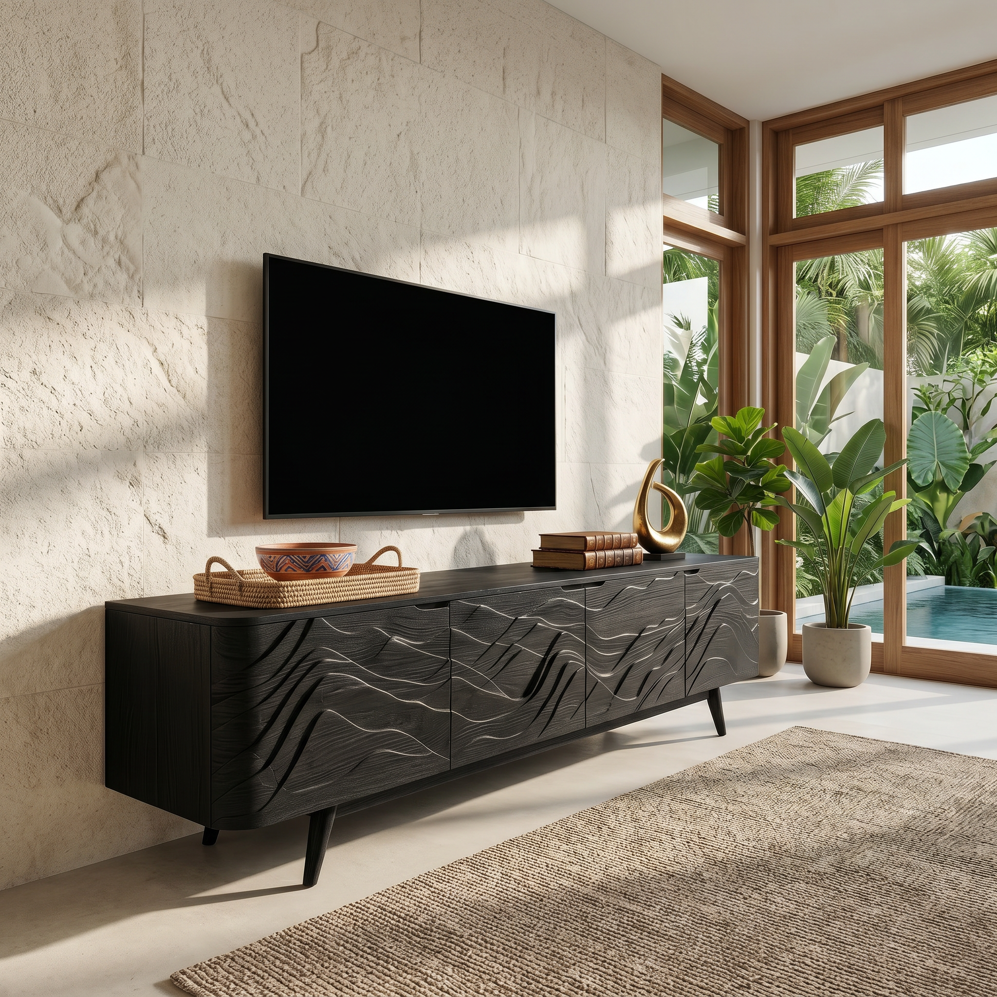 Handcrafted Wave Wood TV Stand For Media Room SILDTTRTVC074