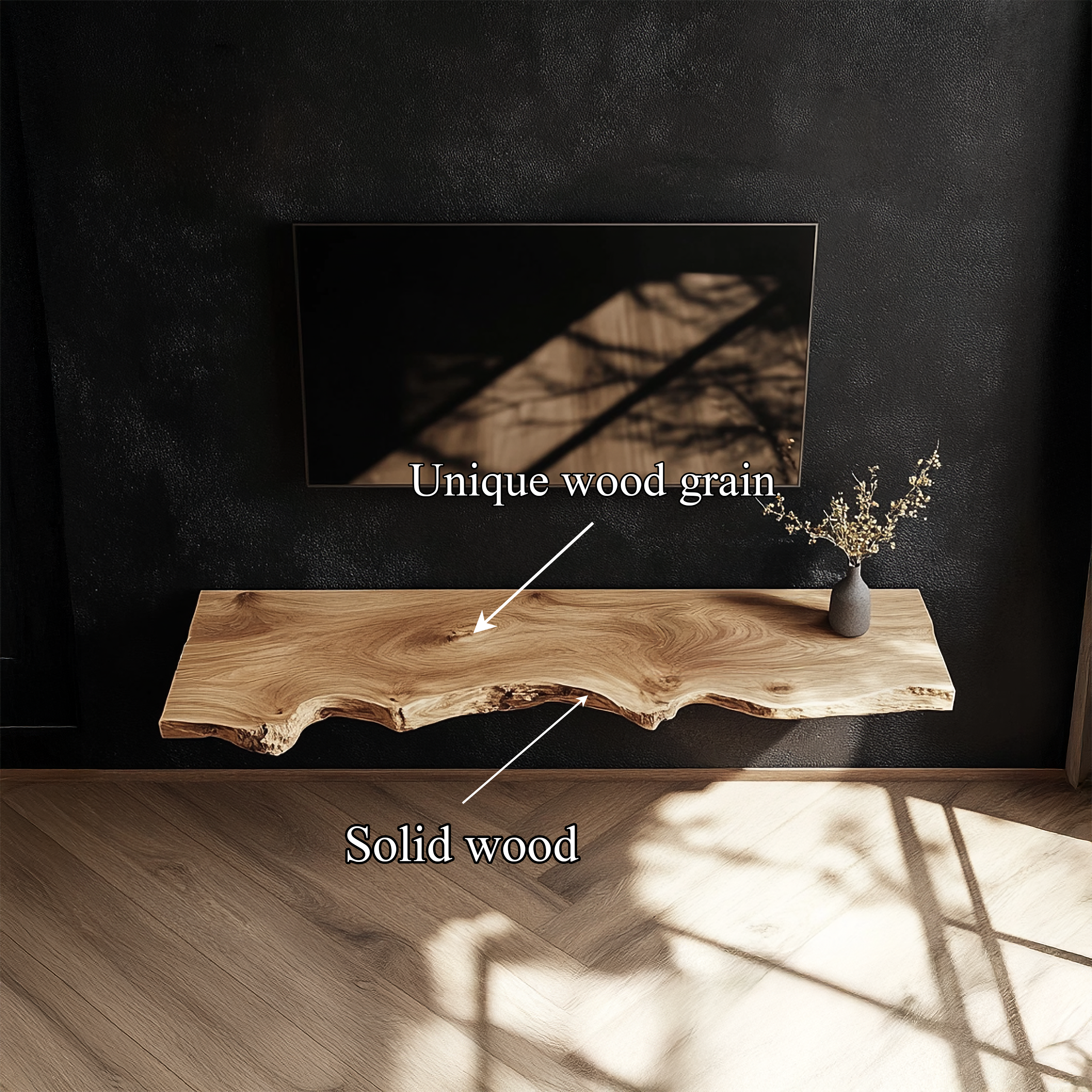 Organic Live Edge Solid Wood TV Shelf Floating Media Console Interior SINLSAFL363