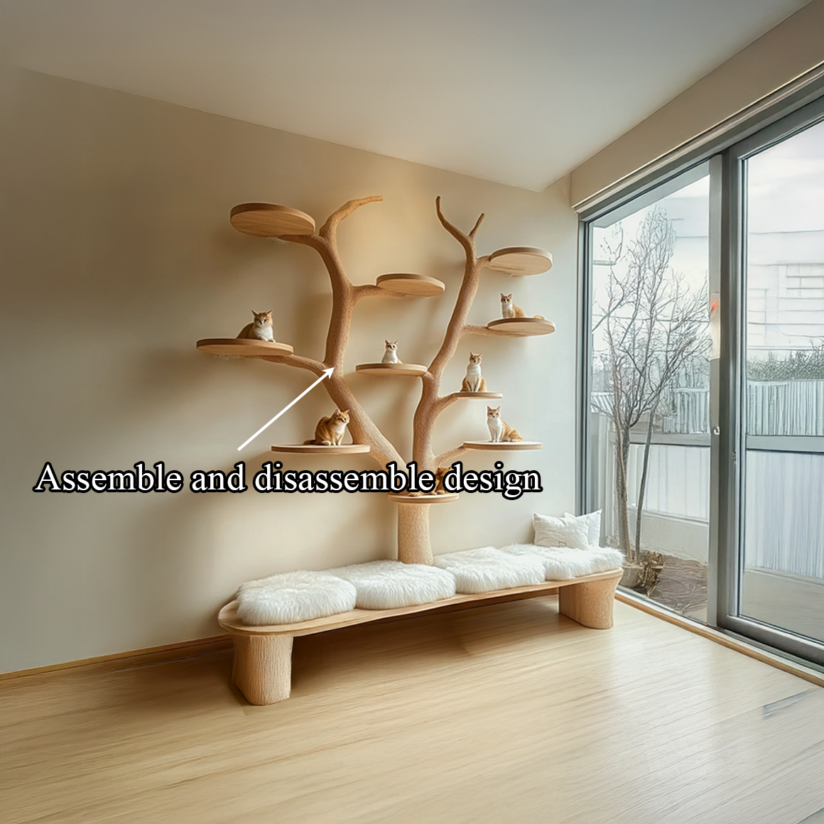 Rustic Cat Tree With Bench Living Room Pet Furniture SINLSATT060