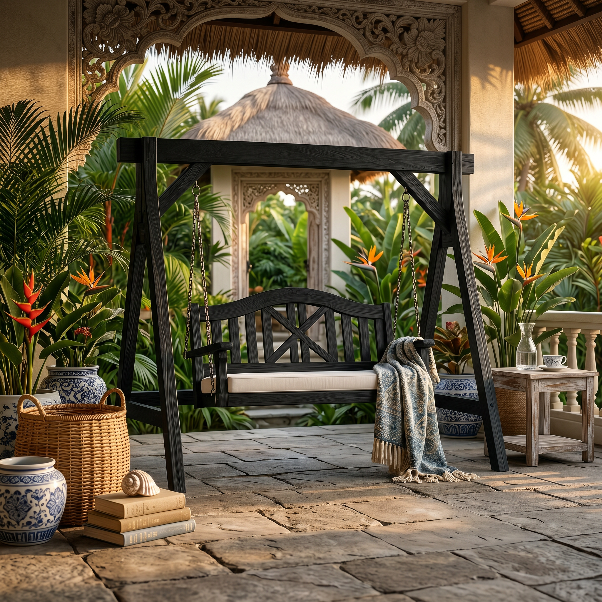 Mediterranean Wooden Swing Bench Villa Patio SILDTTRSWI014