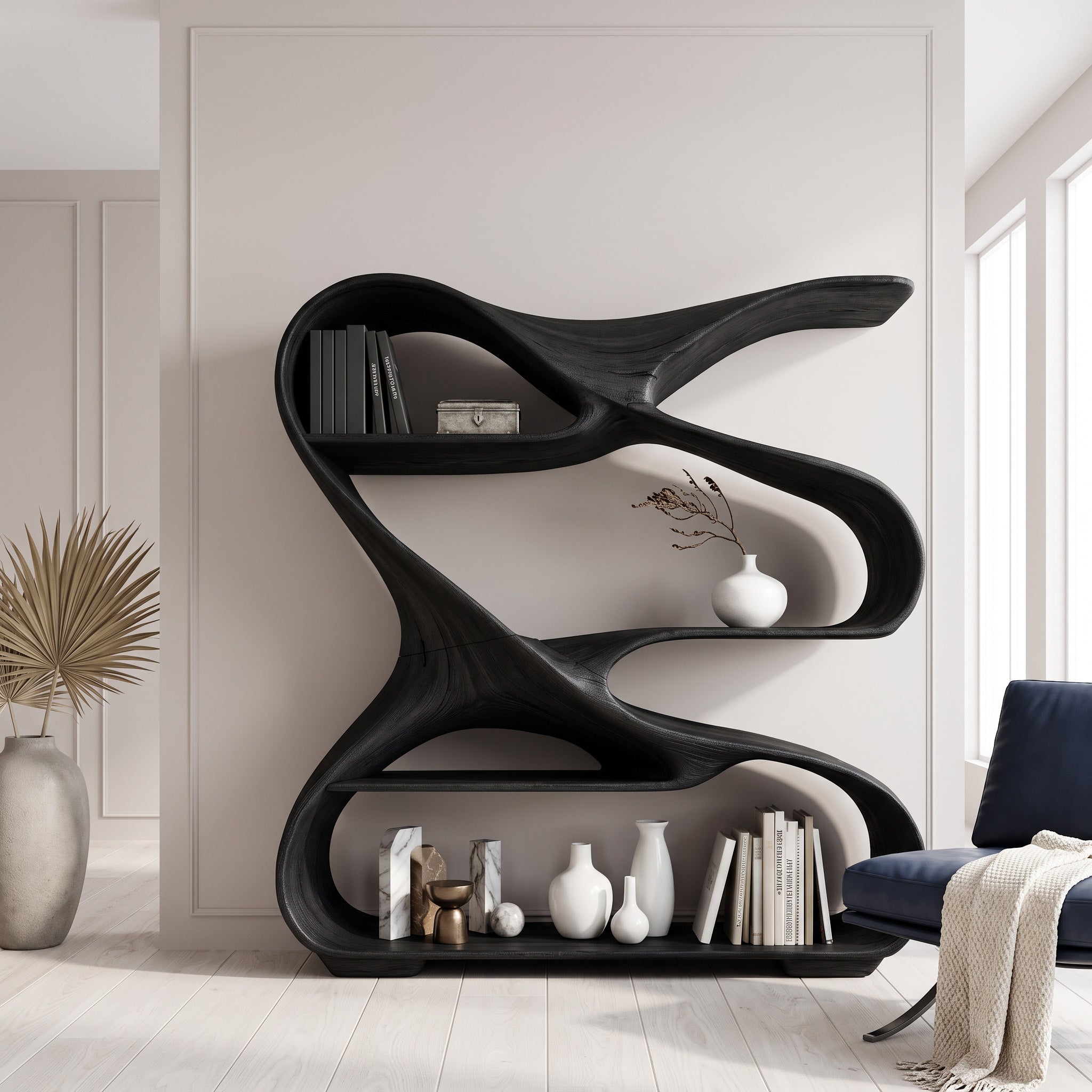 Modern Sculptural Wooden Bookshelf For Living Room Or Office Display SITHHNBS005
