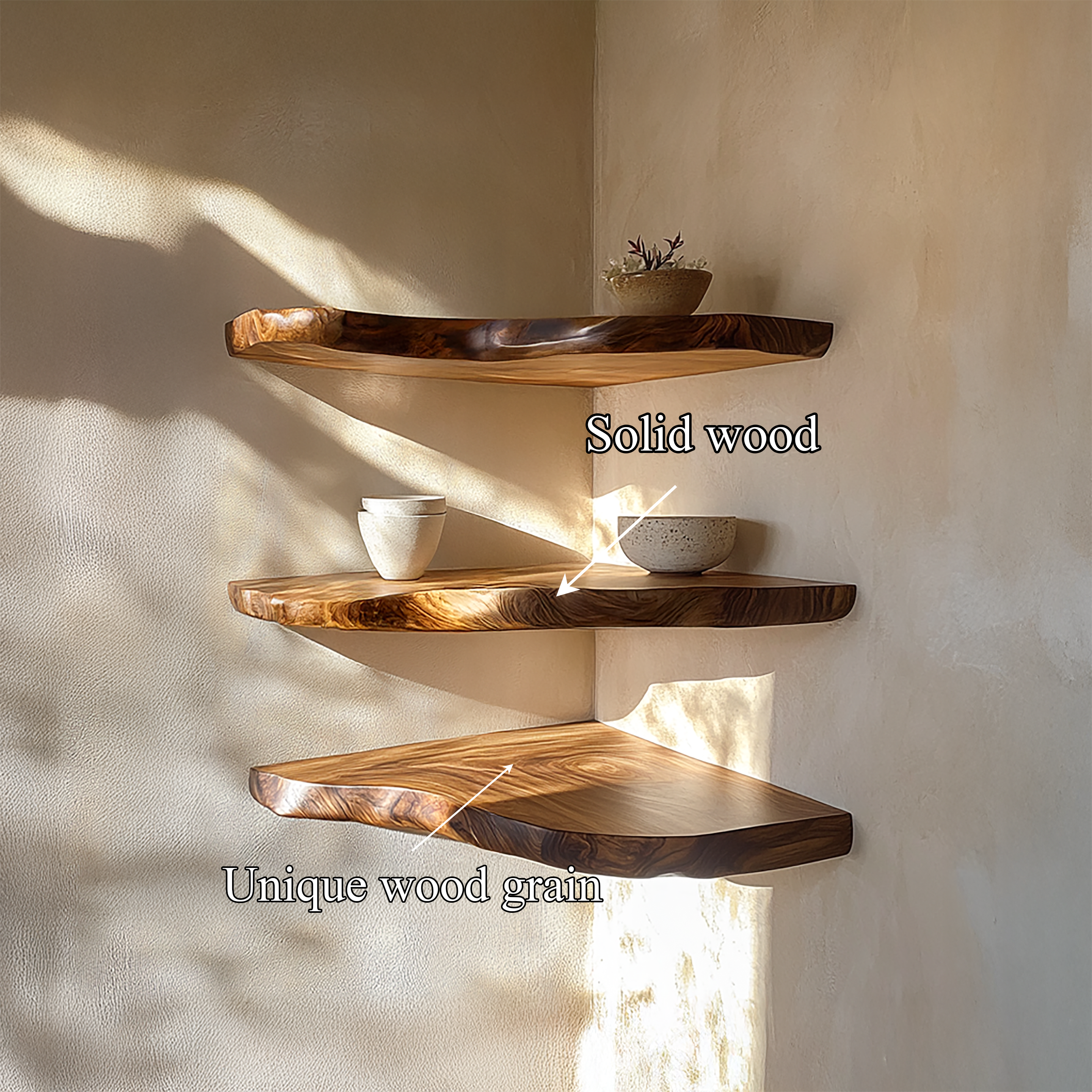 Rustic Nature Inspired Floating Display Shelves Solid Wood Living Room Interior Statement Feature SINLSAFL415