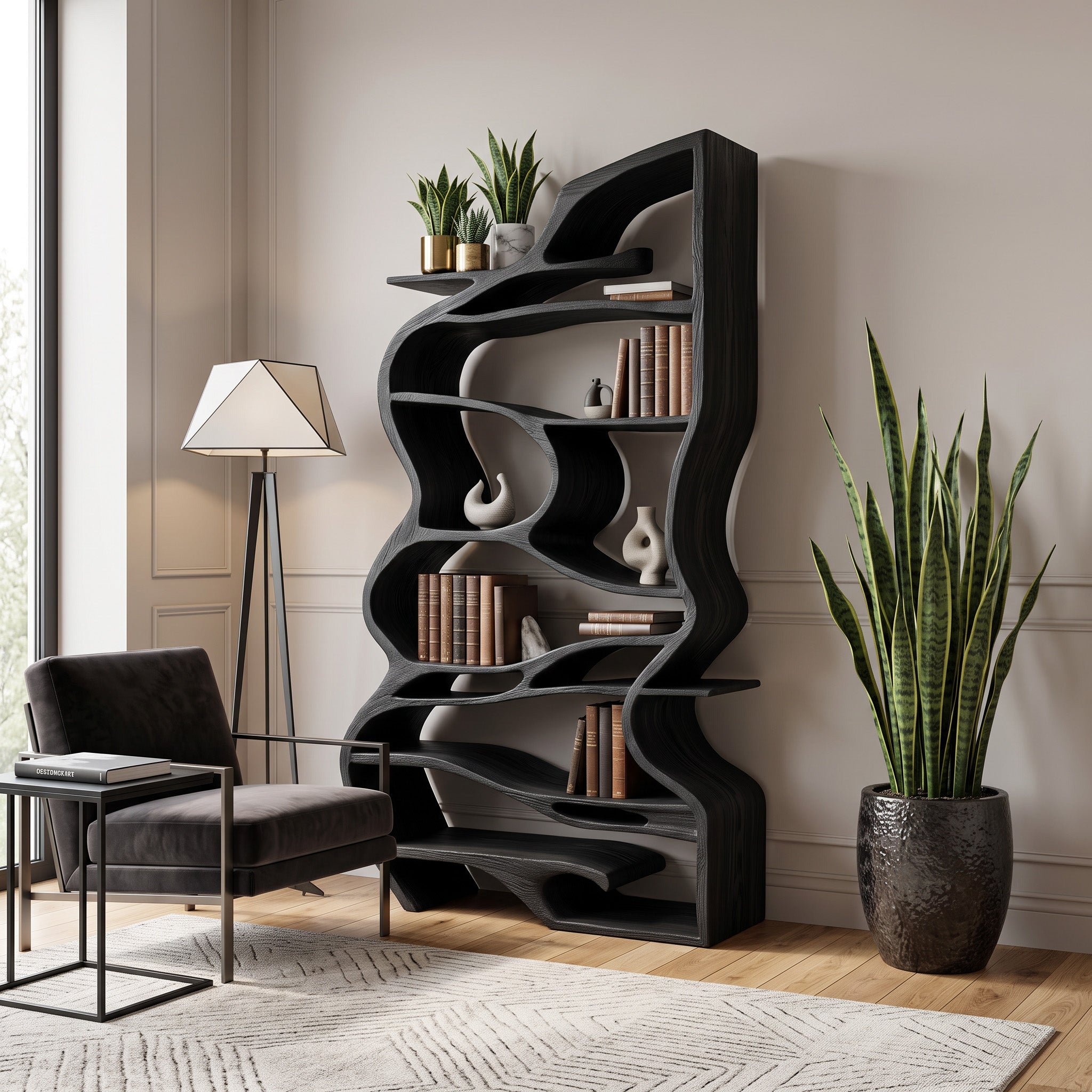 Handcrafted Sculpted Bookshelf With Organic Design For Living Room Or Office SITHHNBS031