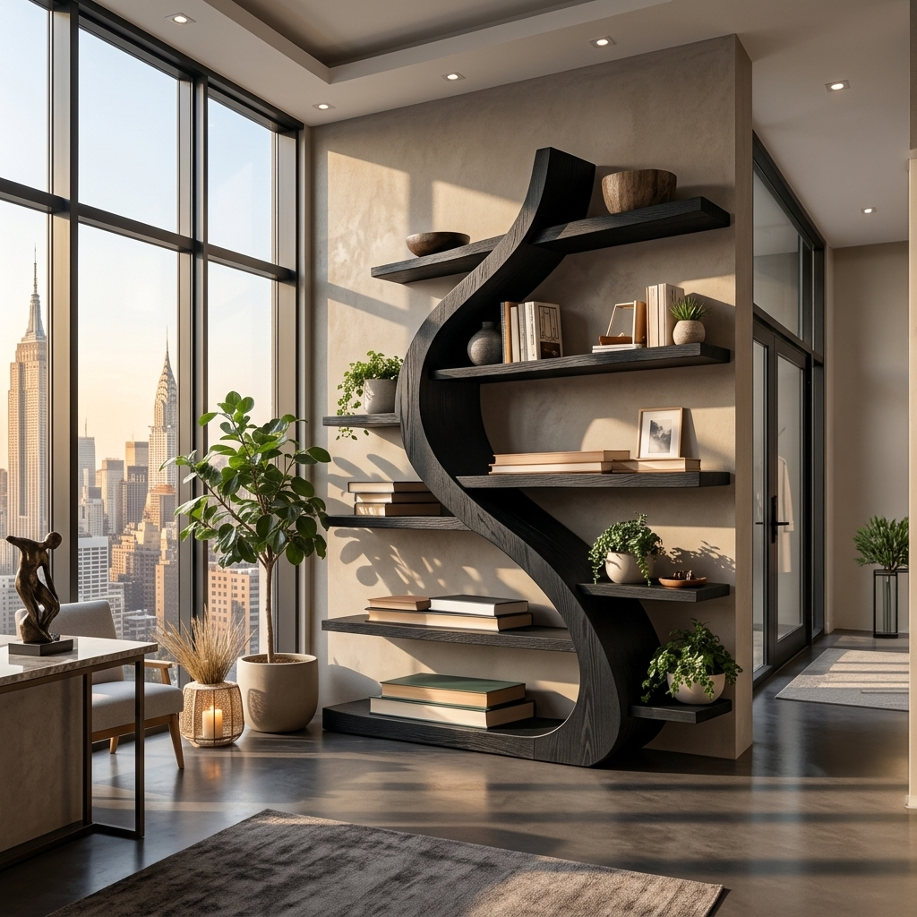 Organic Wooden Bookshelf Soft Curved Design For Home Decor RTTHTTBS124