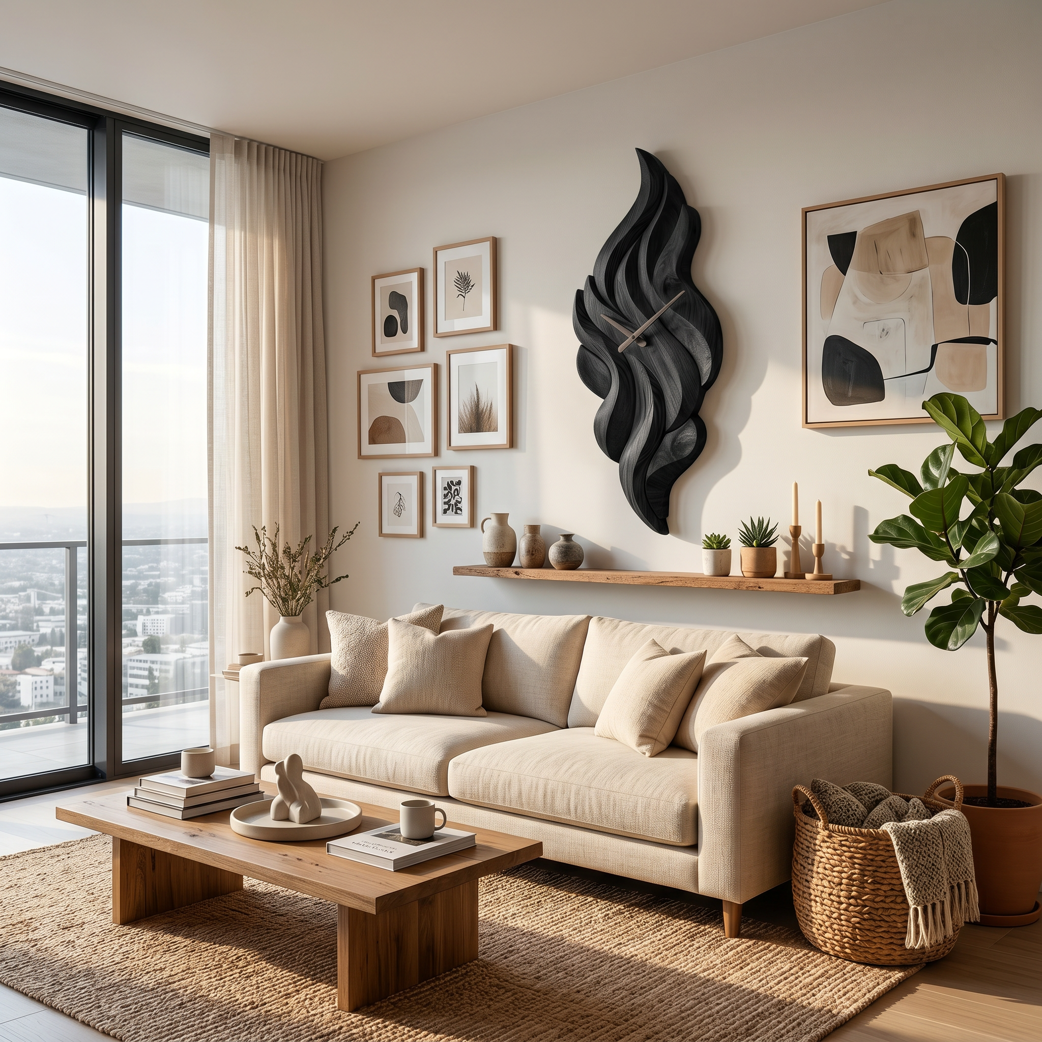 Modern Wooden Wall Clock With Sculptural Wave Carving For Interior RTTHTTWAC006