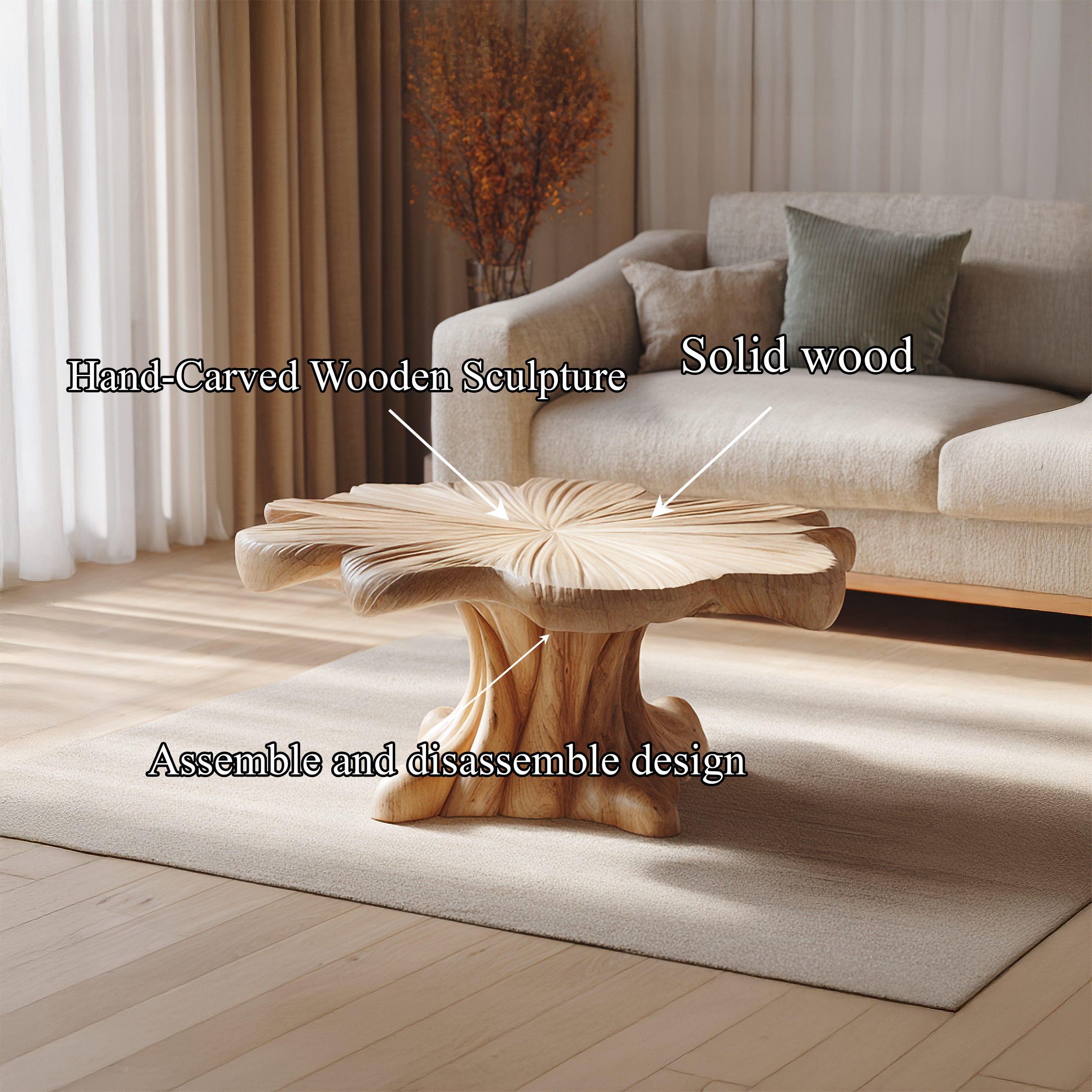 Sculptural Organic Solid Wood Coffee Table Artistic Centerpiece Contemporary Living Room Interior SINLSACF282