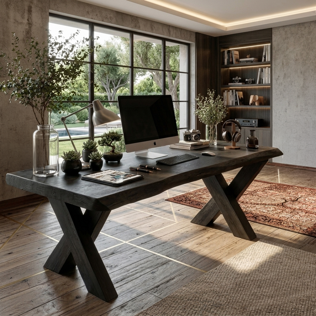 Rustic Live Edge Desk With X Legs For Home Office SITHTTDE035