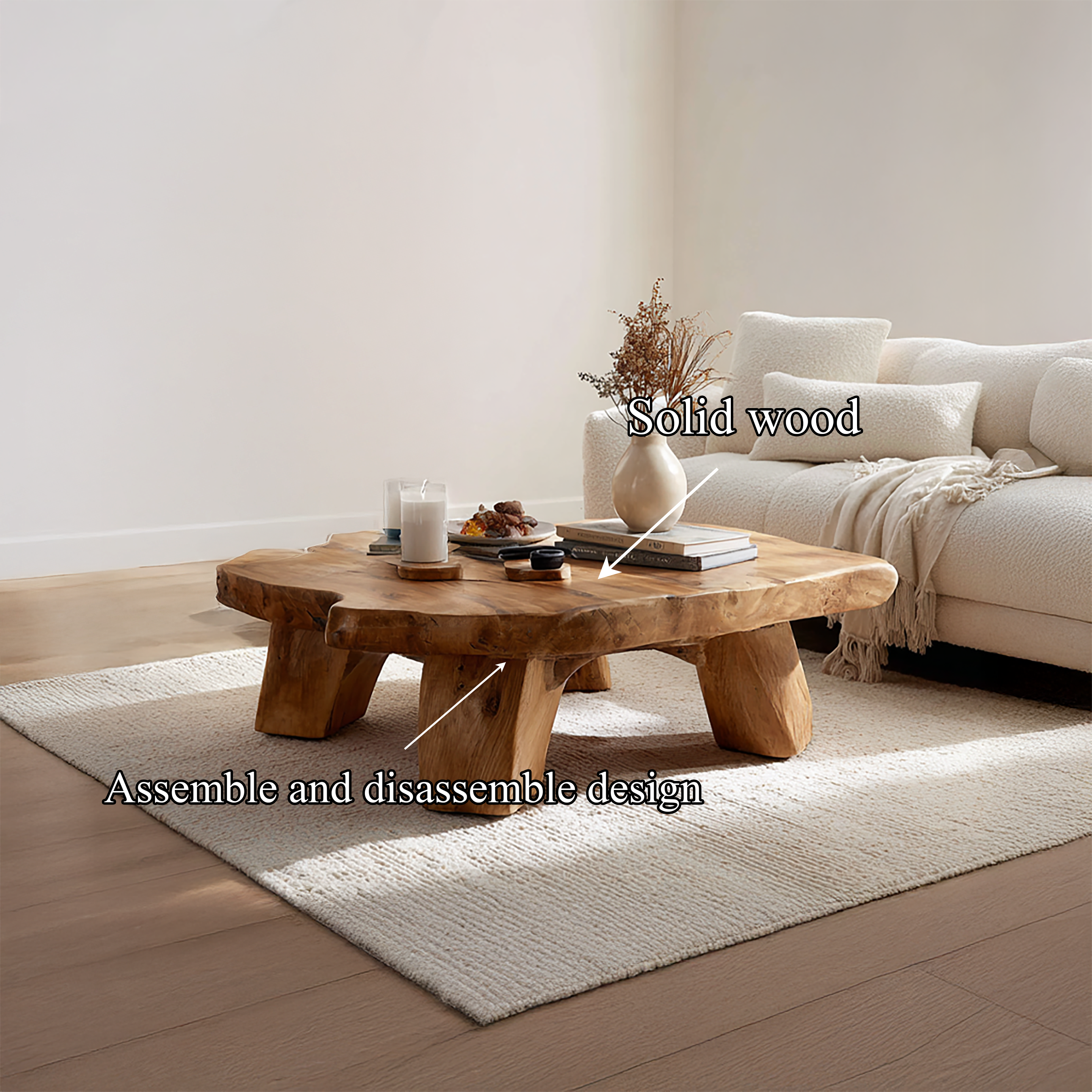 Handcrafted Mediterranean Inspired Solid Wood Coffee Table Cozy Living Room Interior SINLSACF280