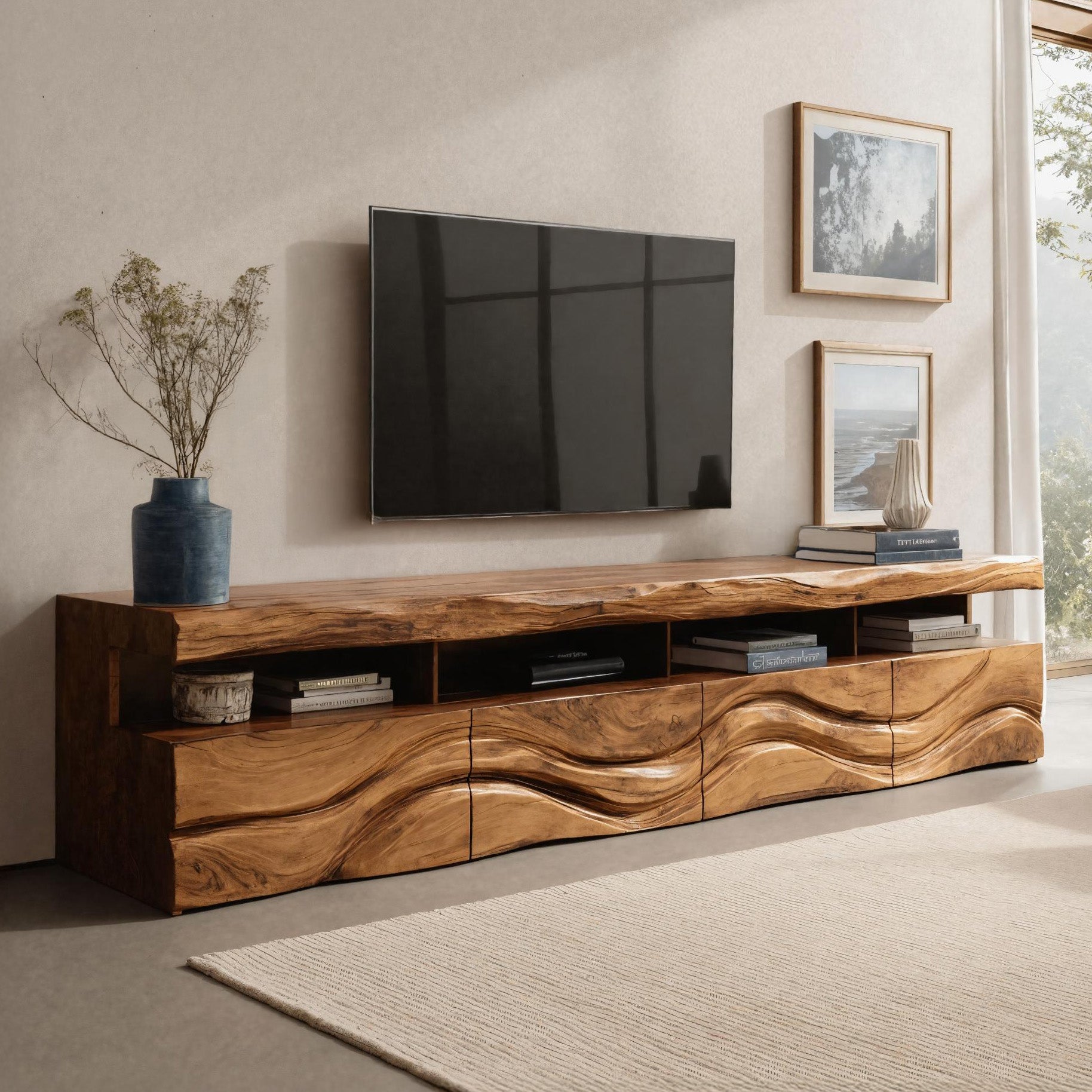 Modern Wave Carved Wood TV Stand For Living Room RTTHHNTVC078