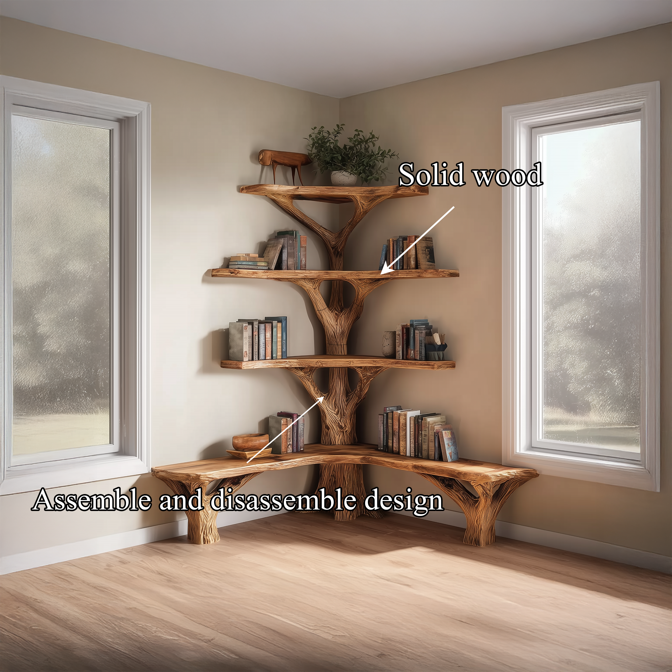 Rustic Tree Bookshelf Corner Living Room SINLSATB230