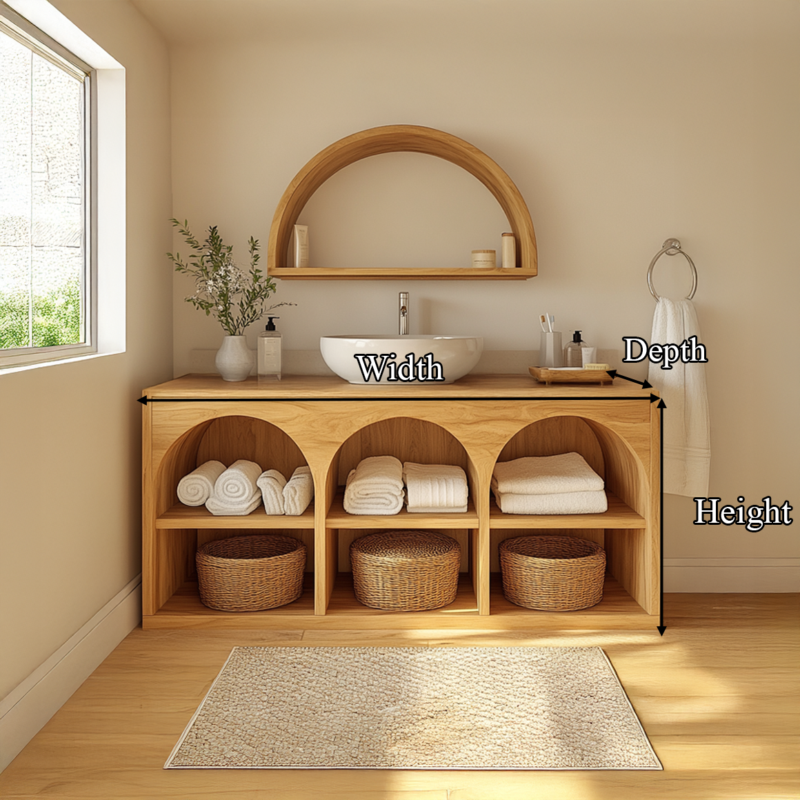Scandinavian Bathroom Storage Cabinet With Arched Open Shelves And Natural Wood Design For Bathroom SINLSABRV208