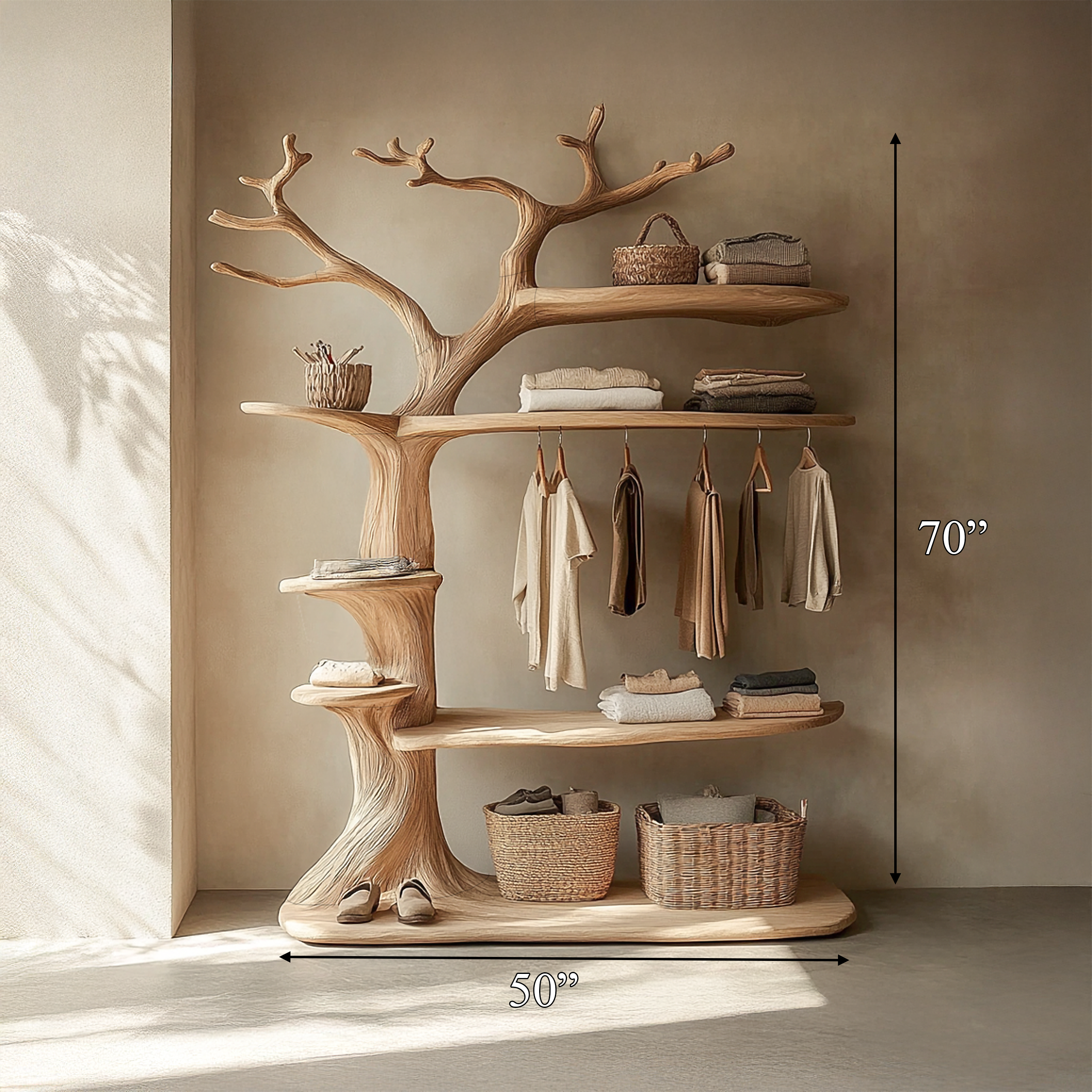 Rustic Tree Clothing Rack With Display Shelves For Bedroom SINLSATCR080