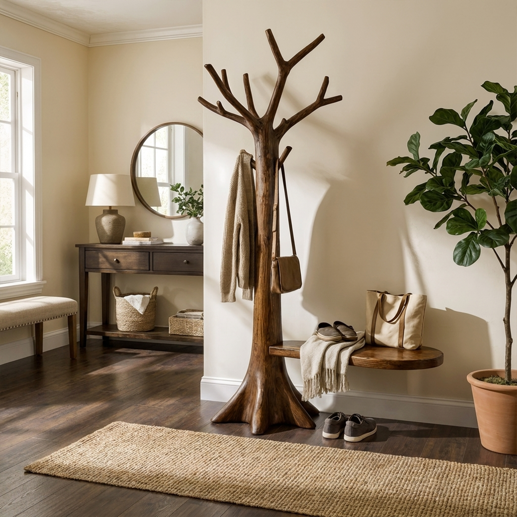 Sculptural Tree Coat Rack Solid Wood Entryway Interior Statement Decor SINLKITCR092