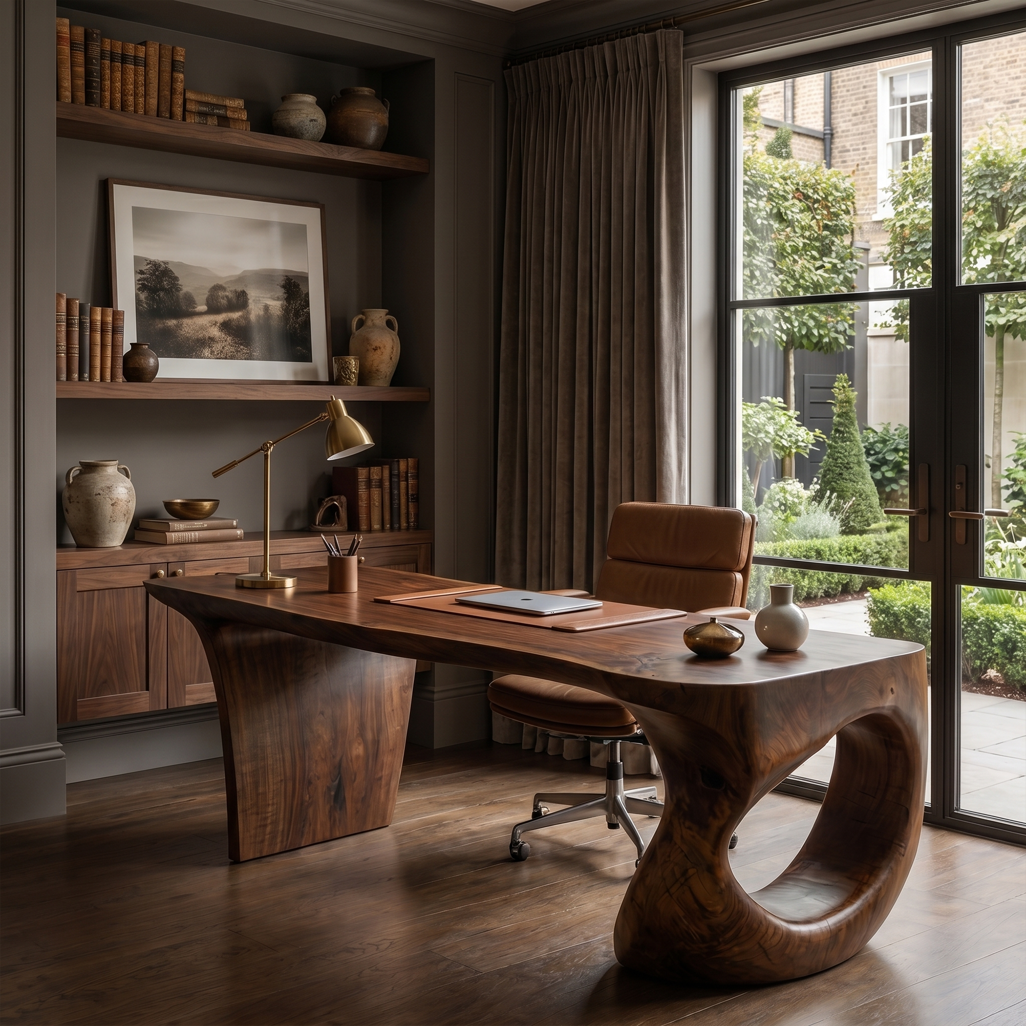 Contemporary Desk With Sculptural Loop Wood Base And Solid Wood Top For Home Office And Workspace SINLKIDK112