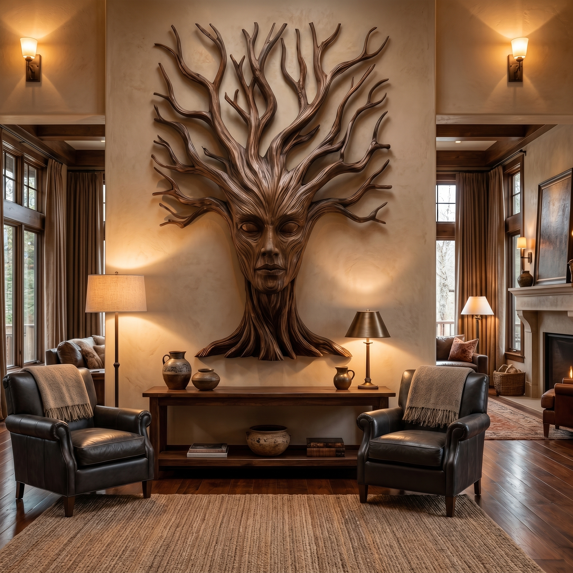 Mystical Tree Spirit Wooden Wall Art With Sculptural Face Design For Entryway And Living Room SINLKIWD104