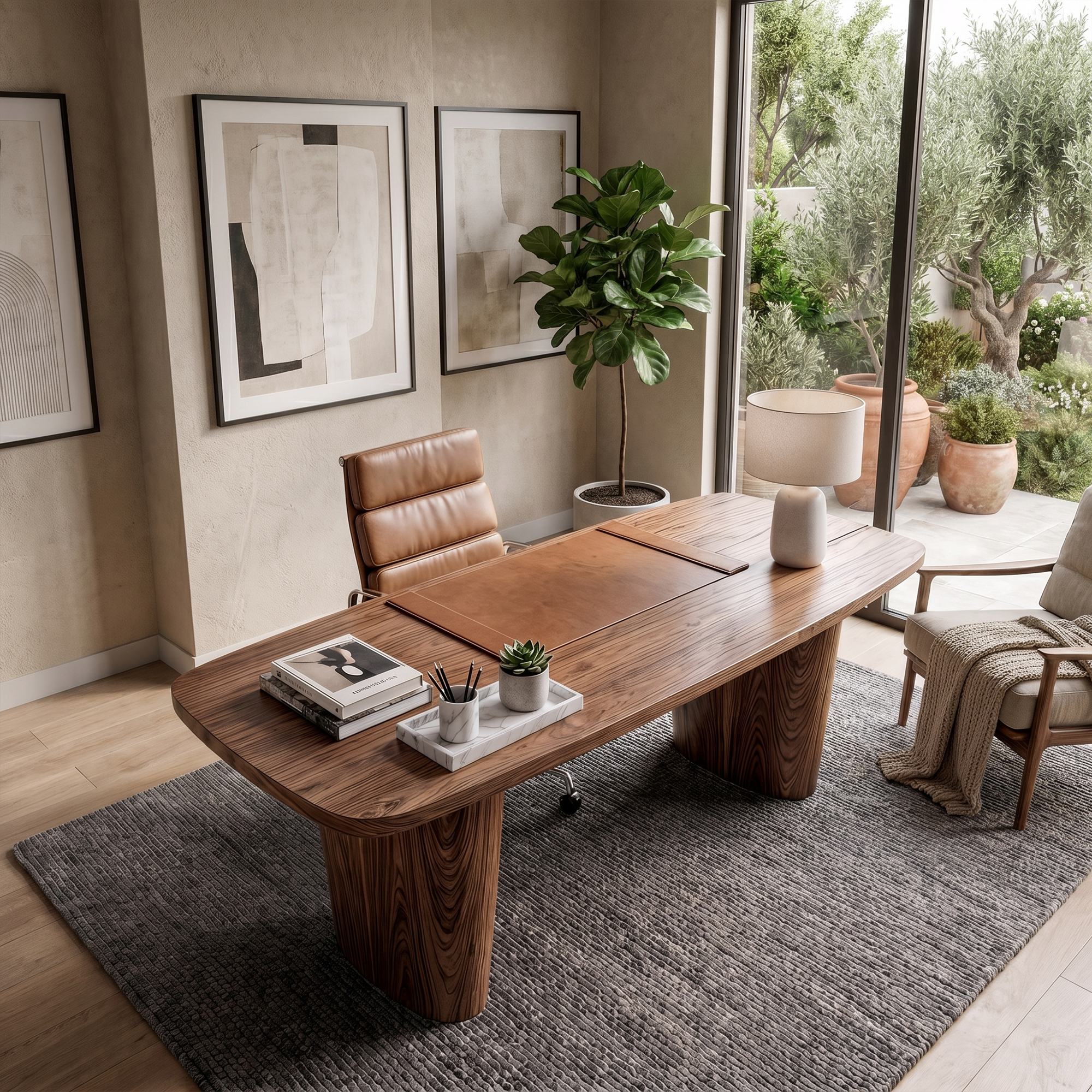 Modern Executive Wooden Desk With Sculptural Solid Wood Base For Home Office And Workspace SINLKIDK109