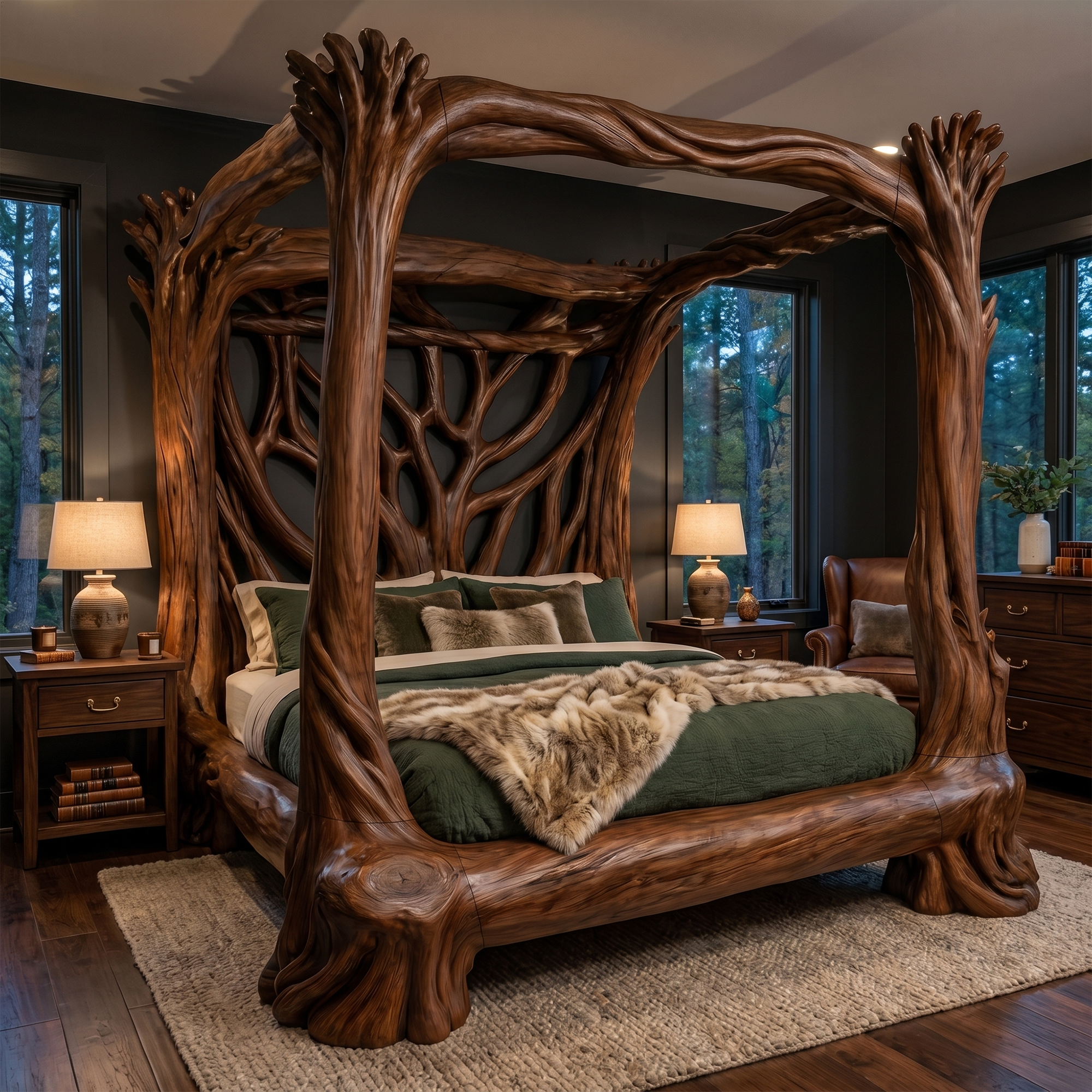 Organic Sculptural Canopy Bed With Handcrafted Tree Branch Wood Frame For Bedroom Decor SINLKIWB120