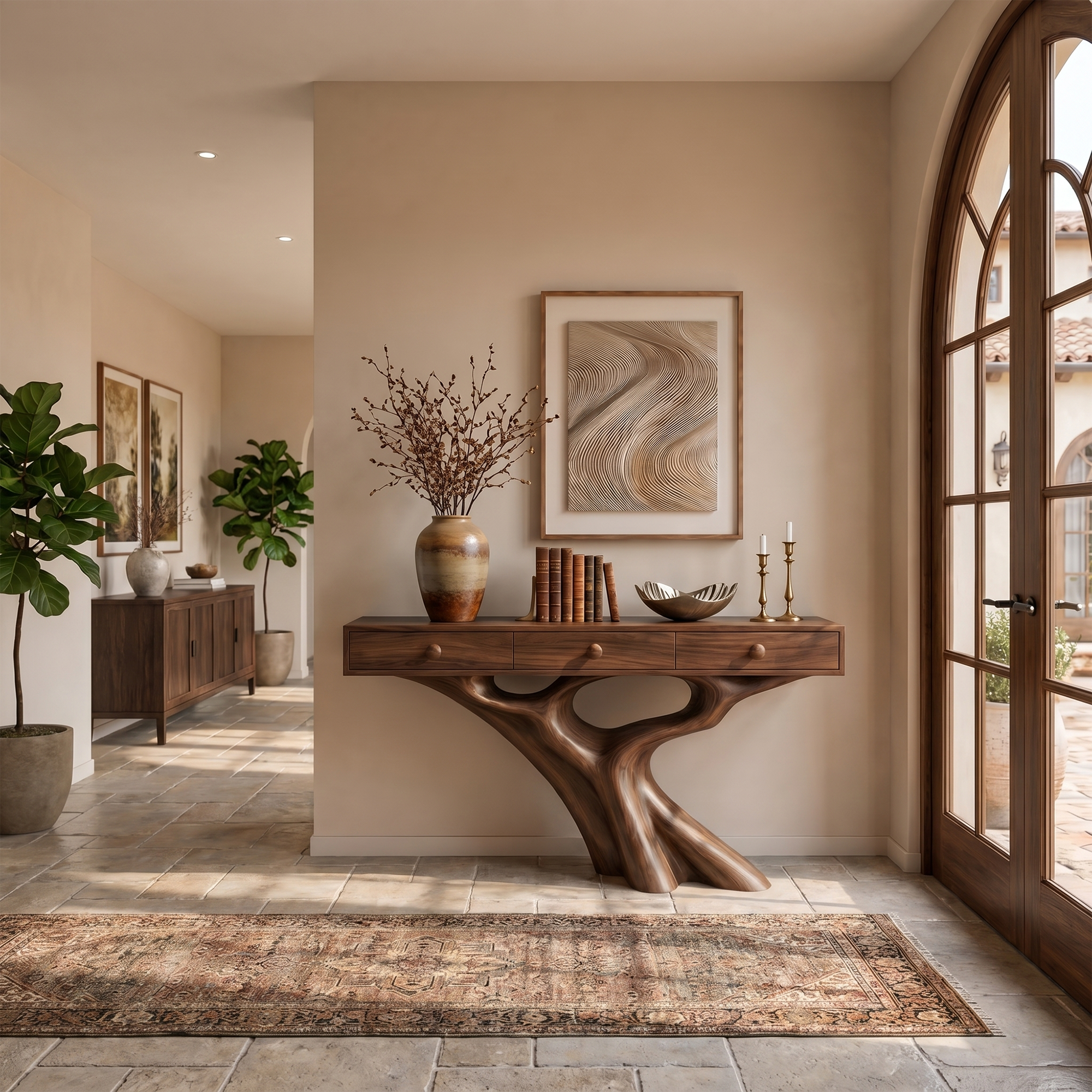 Organic Console Table With Built In Storage Cabinet And Sculptural Curved Wood Base For Entryway And Living Room SINLKICS593