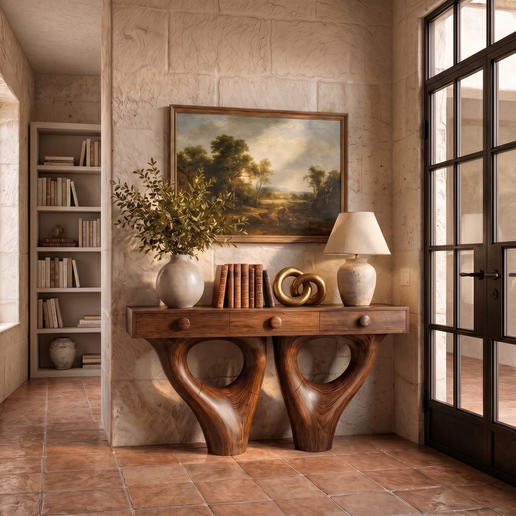 Rustic Console Table With Sculptural Double Pedestal Wood Base And Solid Wood Top For Entryway And Living Room SINLKICS594