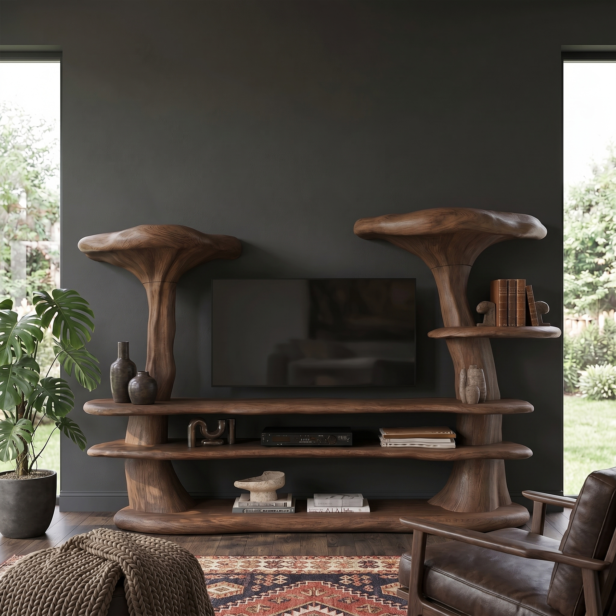 Organic Mushroom TV Stand With Sculptural Solid Wood Design For Living Room SINLKITC055