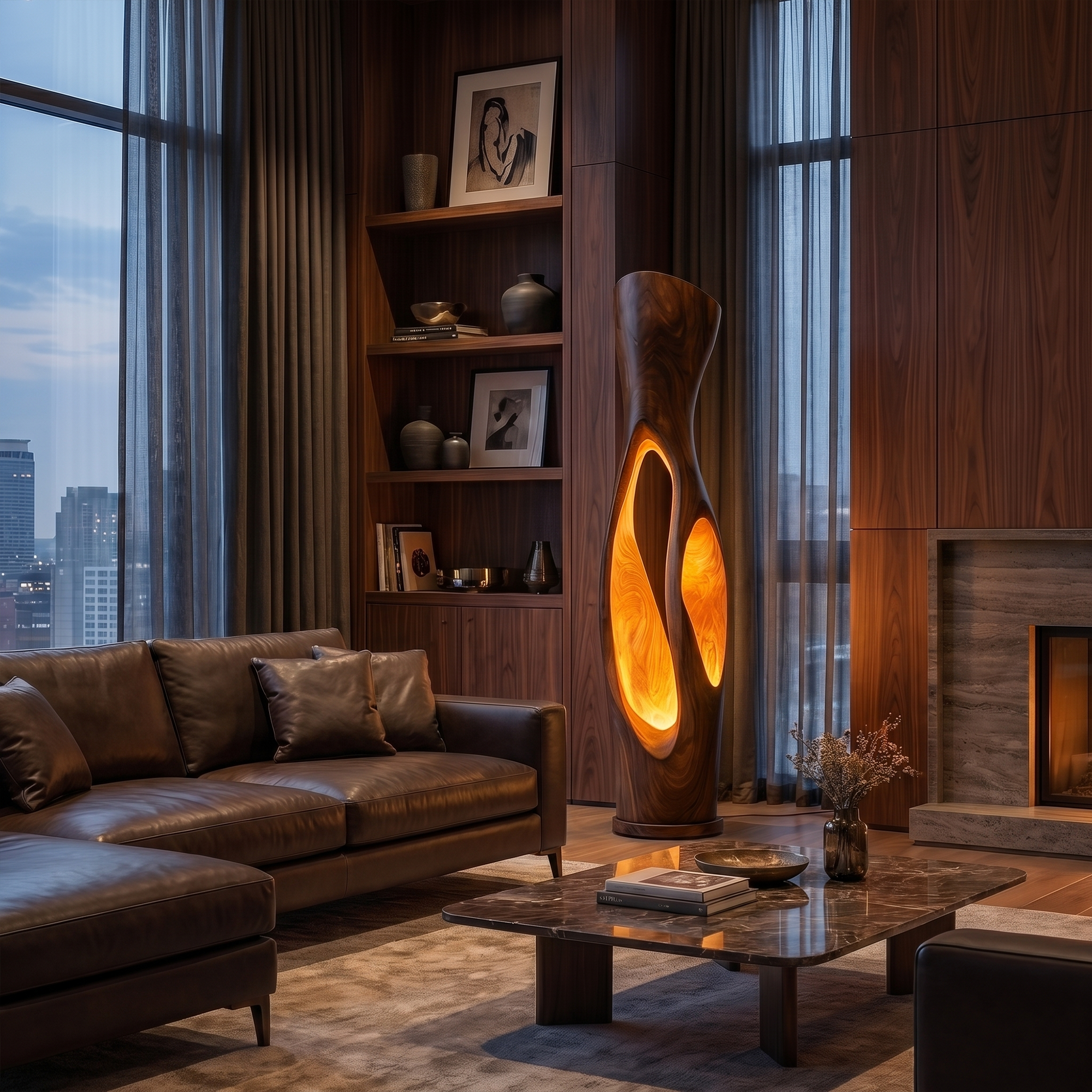 Modern Organic Floor Lamp With Illuminated Hollow Wood Design For Living Room SINLKIFLP102