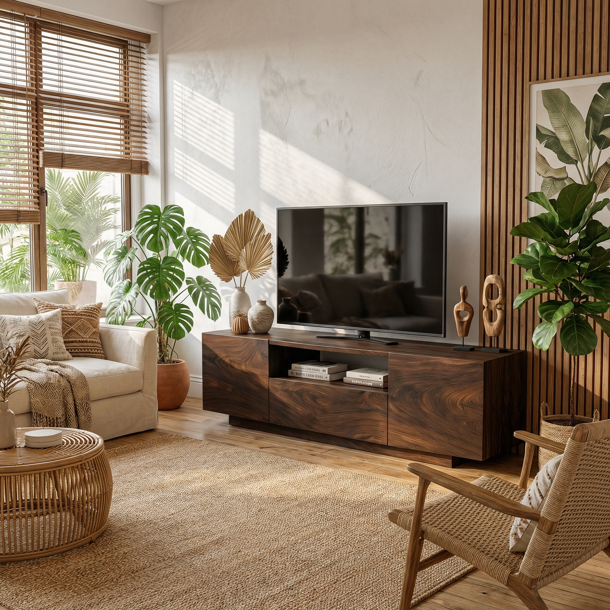 Modern Rustic TV Cabinet Solid Wood Low Profile Block Design Living Room SINLKITC030