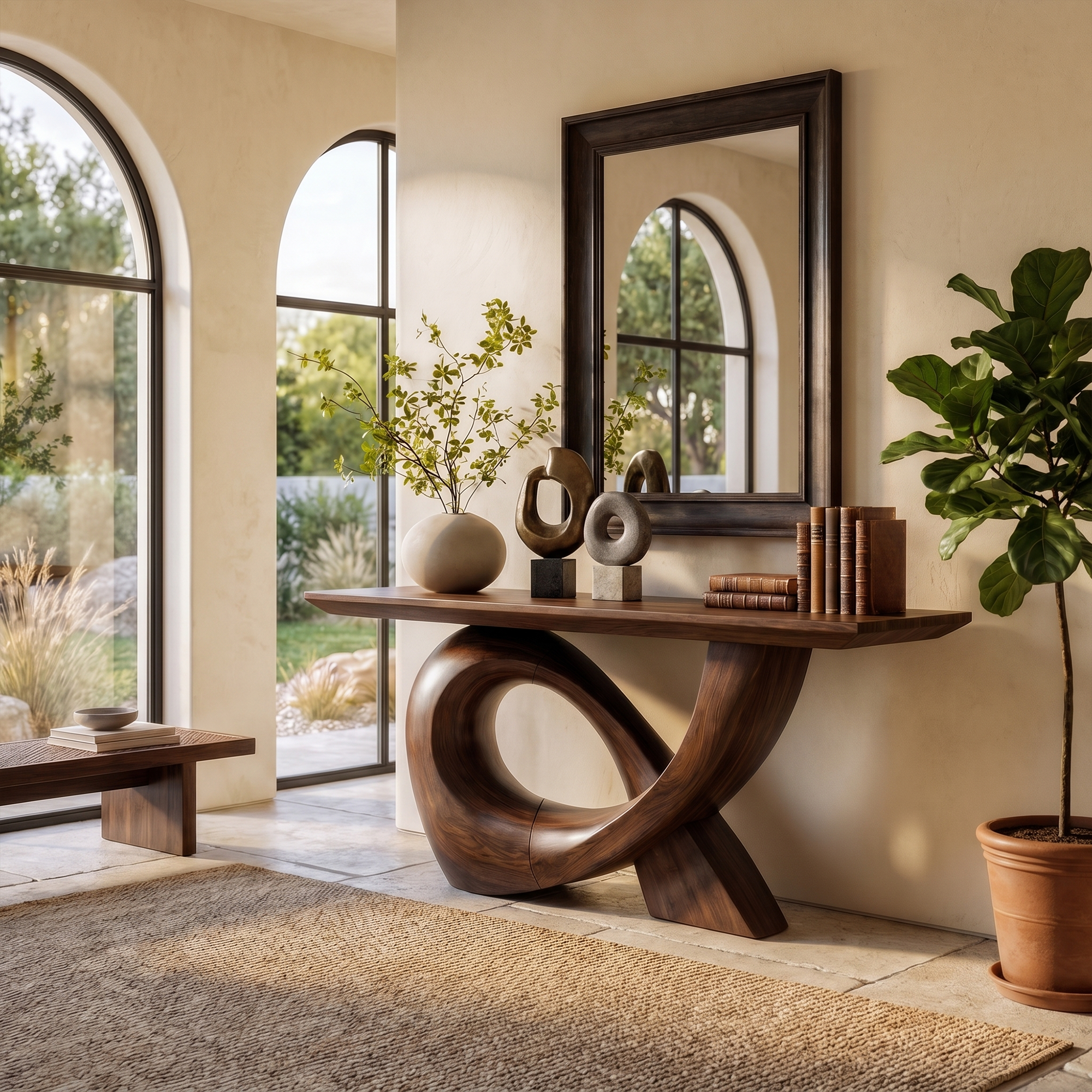 Sculptural Console Table With Flowing Curved Wood Base For Entryway And Living Room SINLKICS596